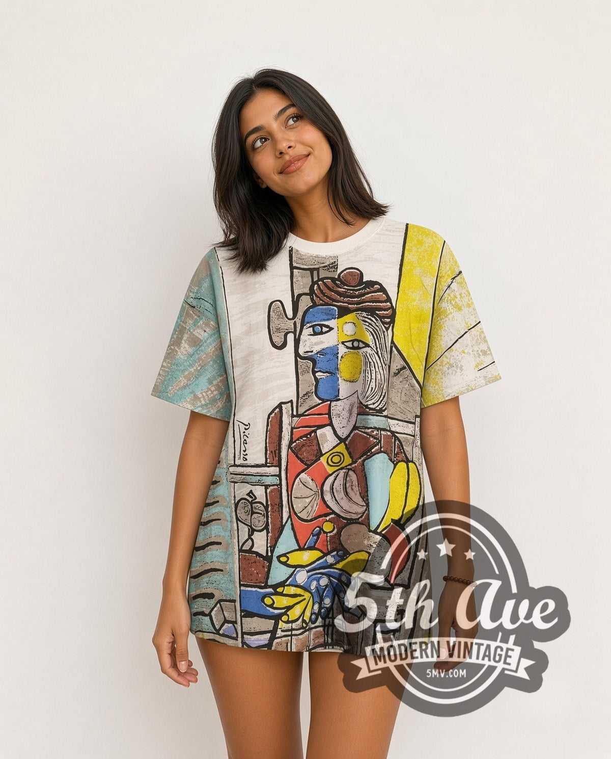Model wearing the Picasso Hand Made OVP all-over-print vintage graphic t-shirt
