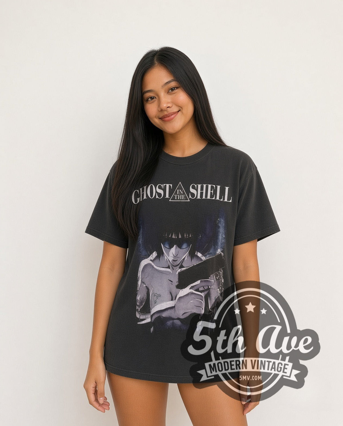 Model wearing the Ghost In The Shell vintage anime t-shirt