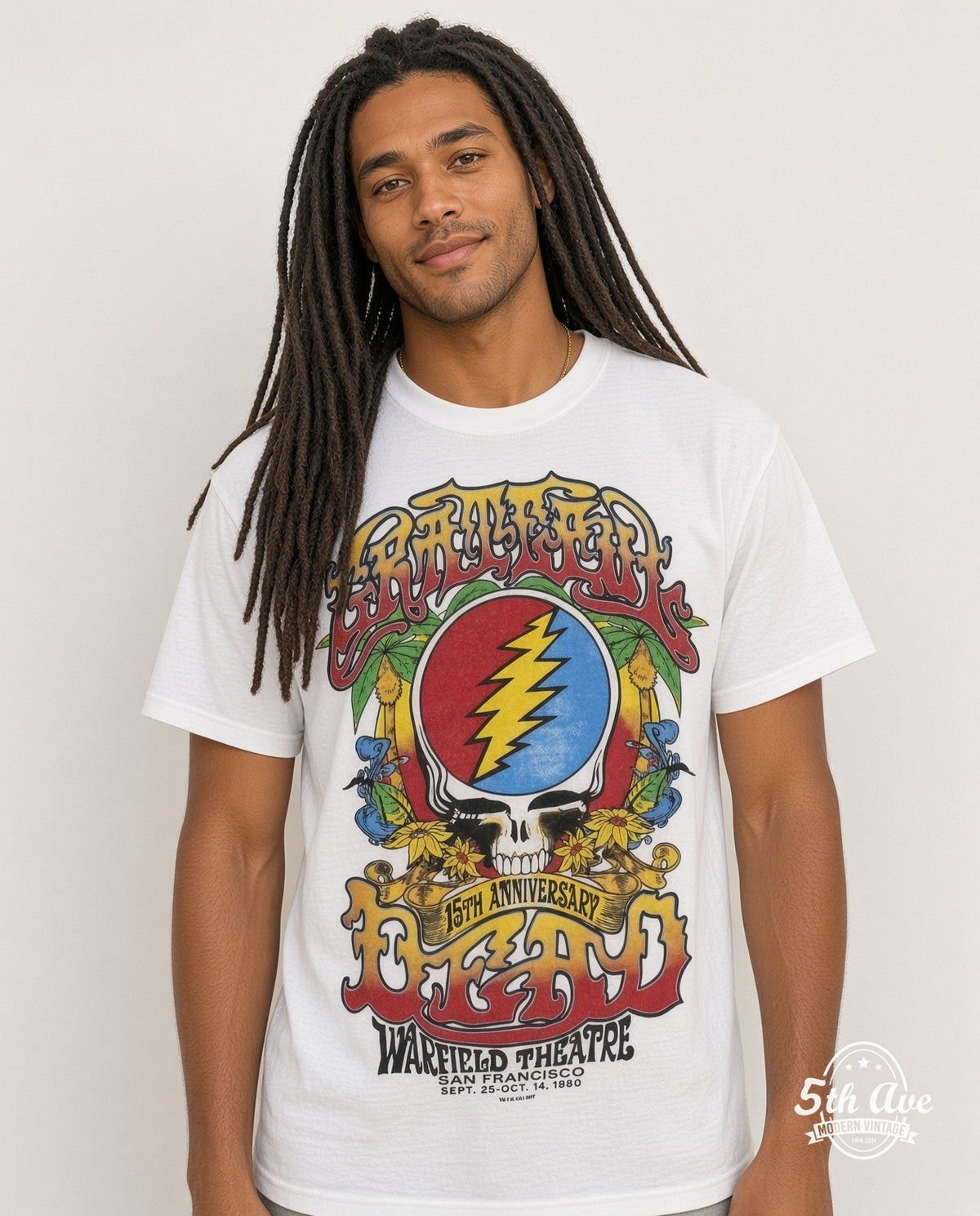 Model wearing Grateful Dead 15th Anniversary Warfield White vintage band tee