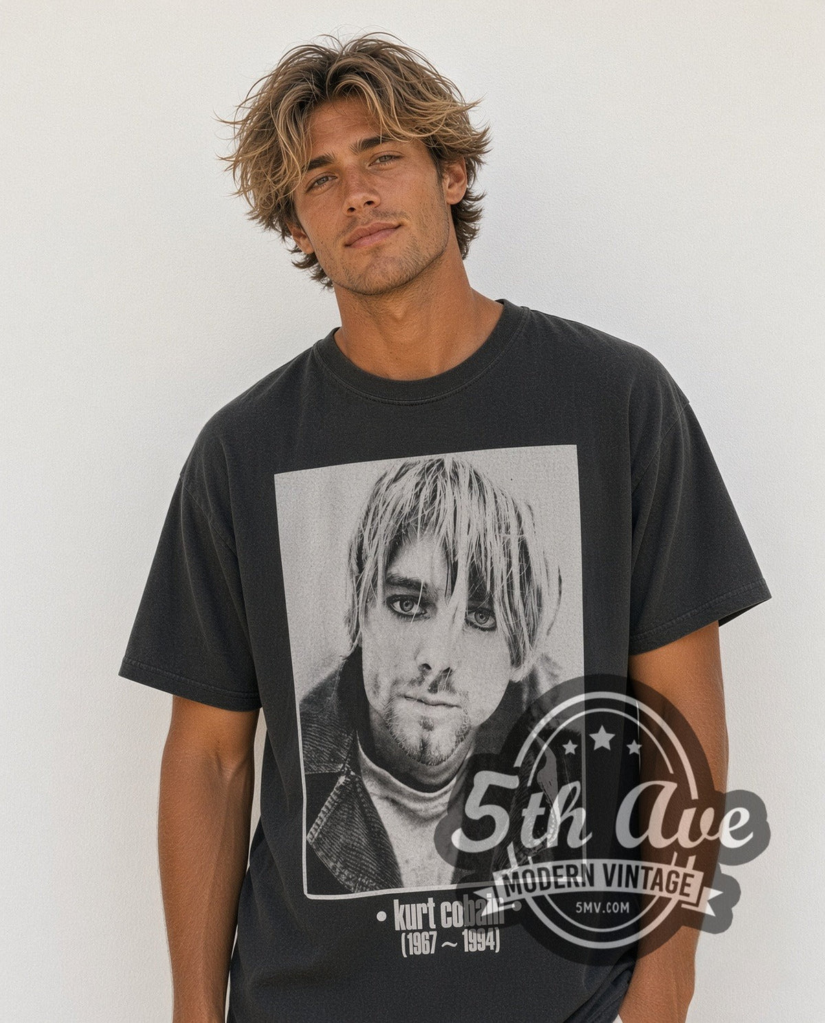Model wearing the Kurt Cobain Memorial vintage band t-shirt