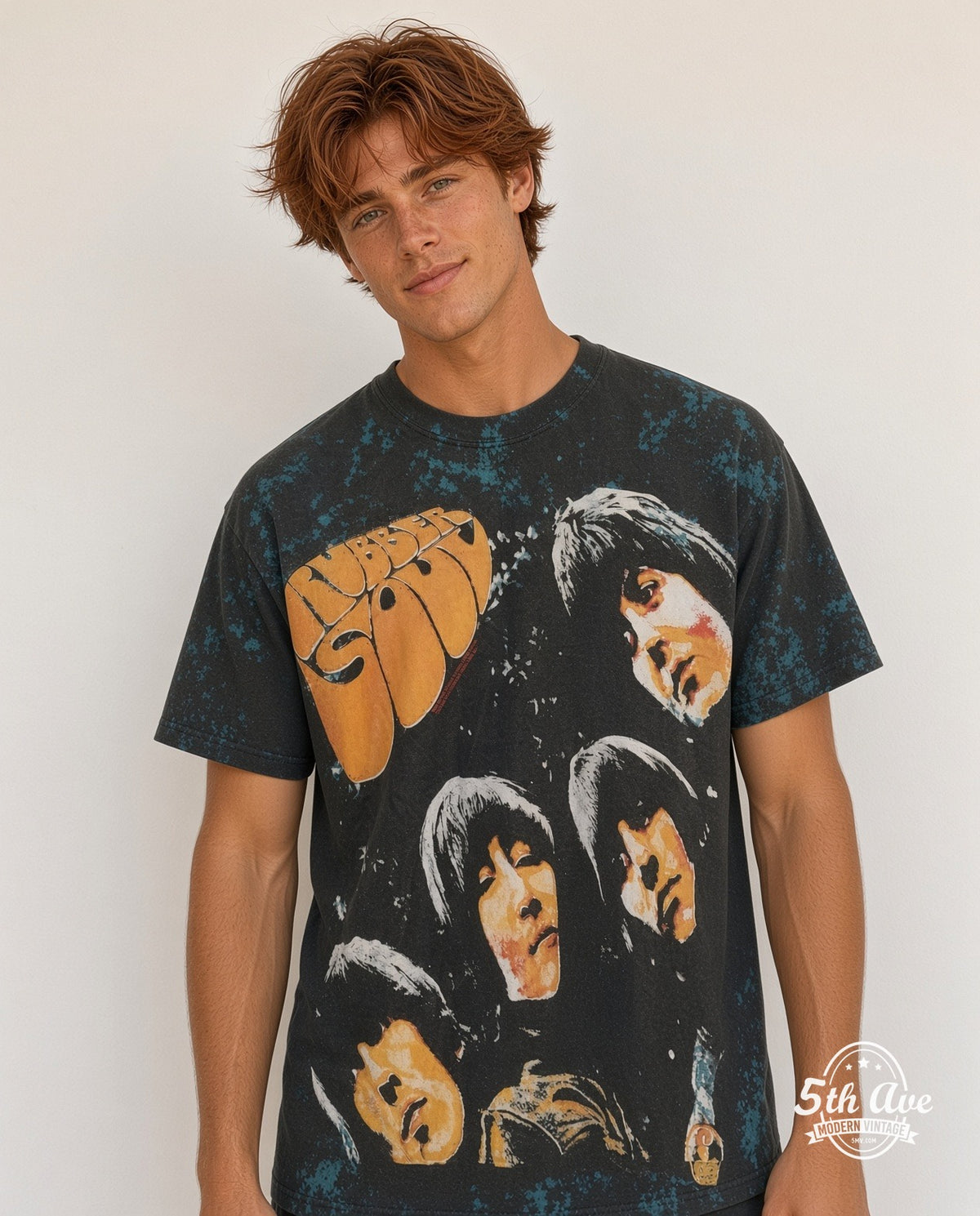 Model wearing The Beatles Rubber Soul all-over-print vintage band t-shirt