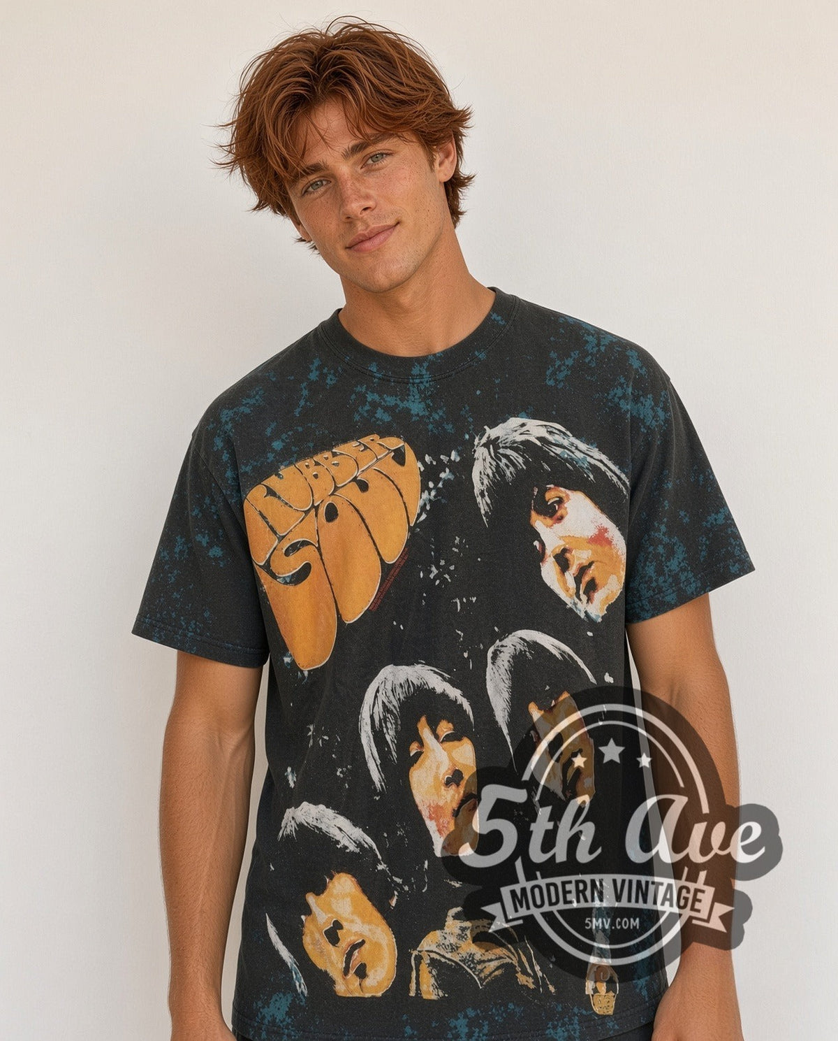 Model wearing The Beatles Rubber Soul all-over-print vintage band t-shirt