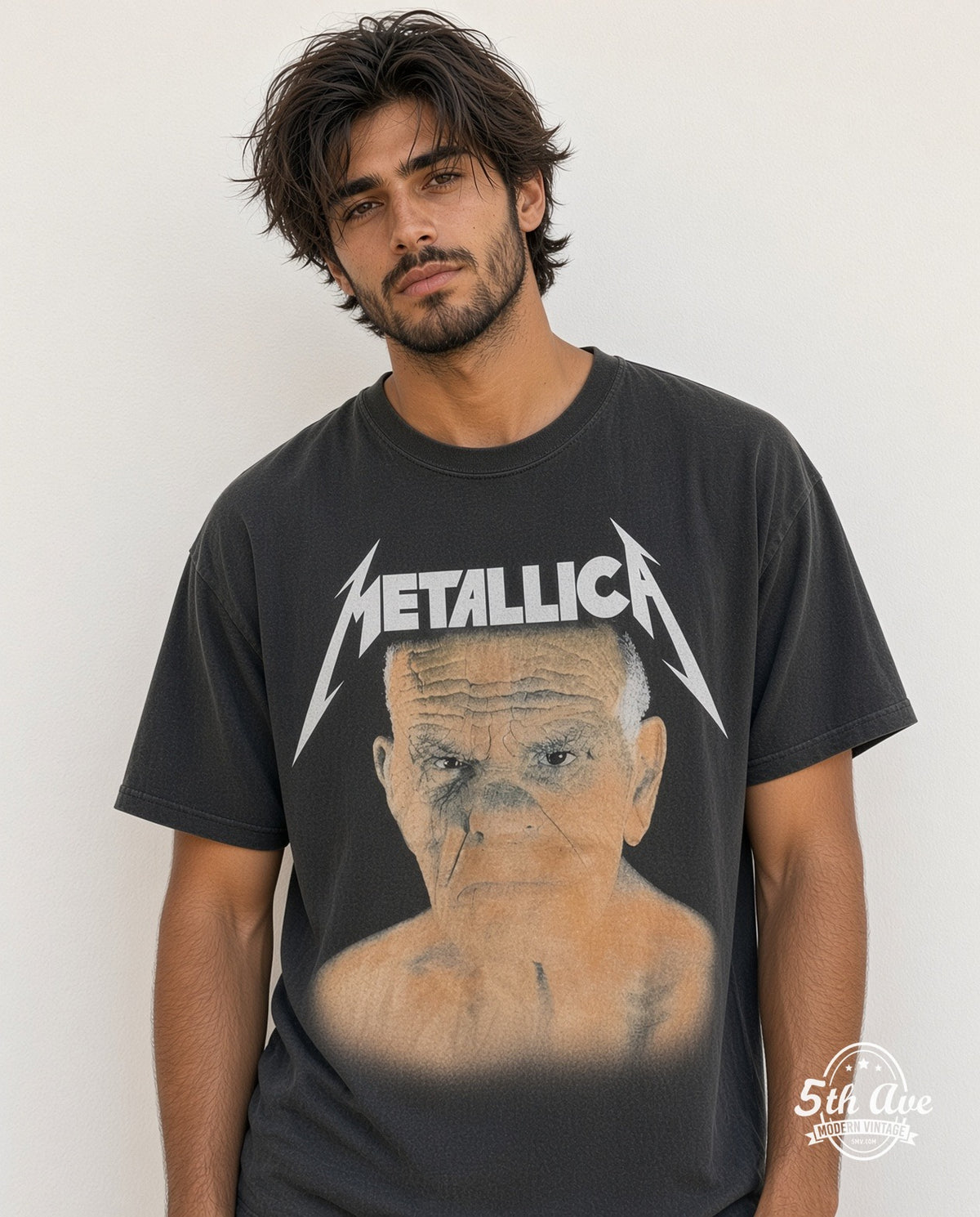 Model wearing the Distressed Metallica 'Enter Sandman' Tour graphic tee