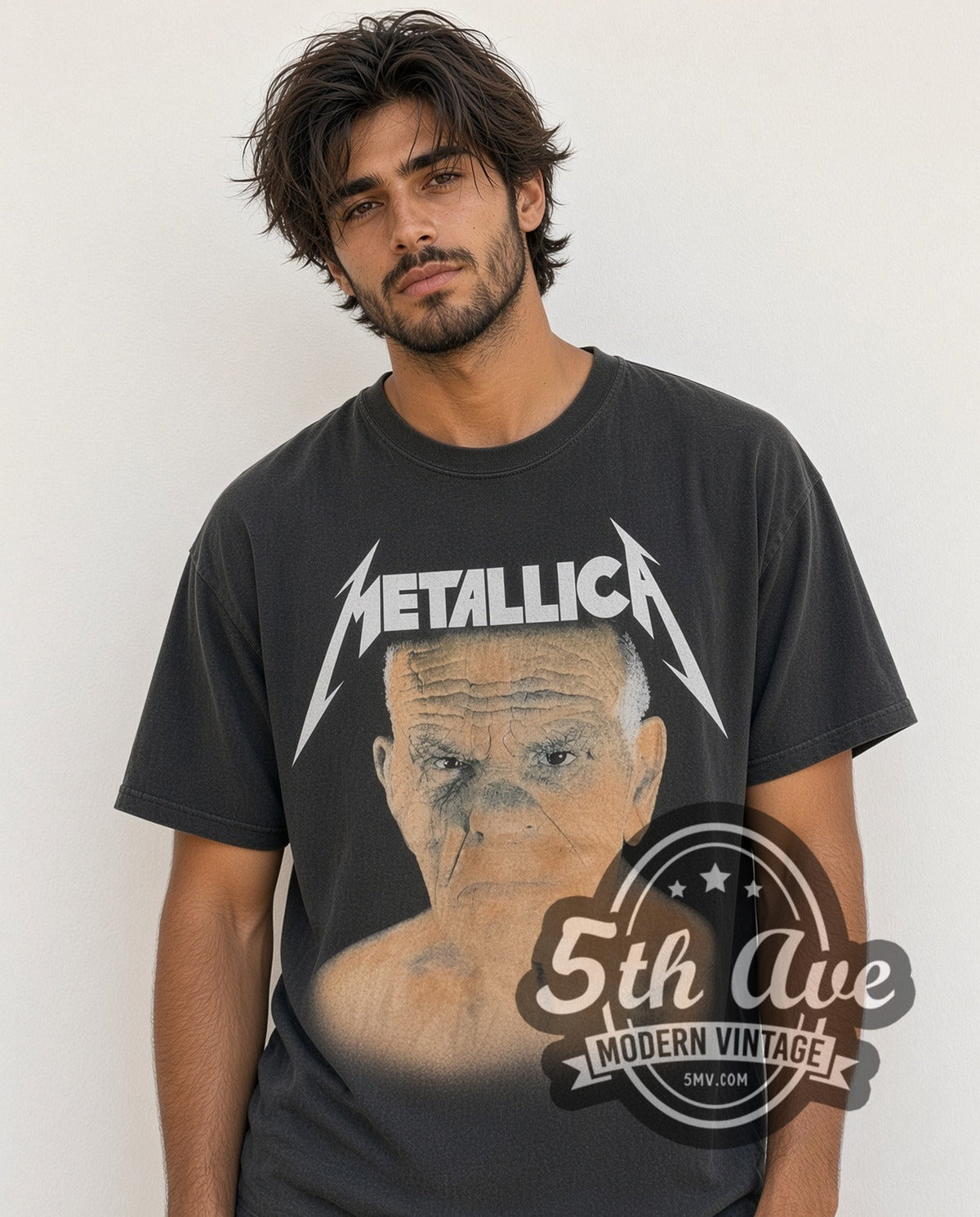 Model wearing the Metallica 'Enter Sandman' Tour vintage band t-shirt