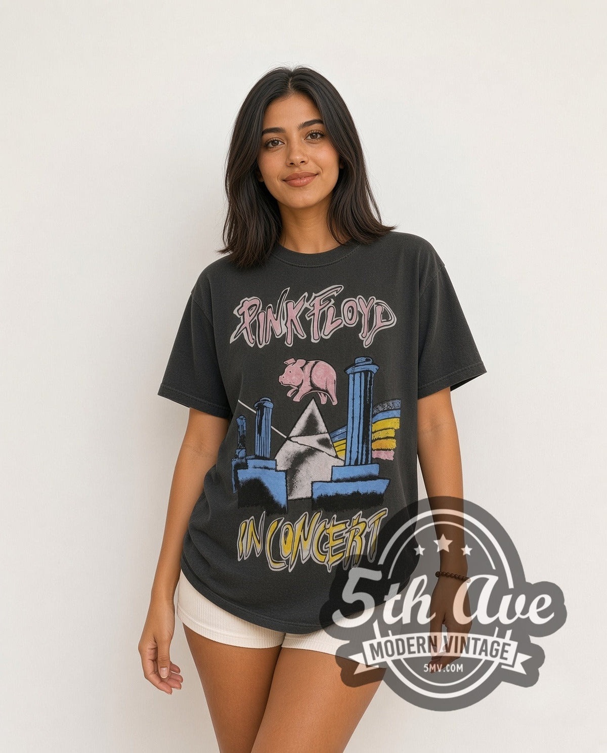Model wearing the Pink Floyd 1977 Tour vintage band t-shirt