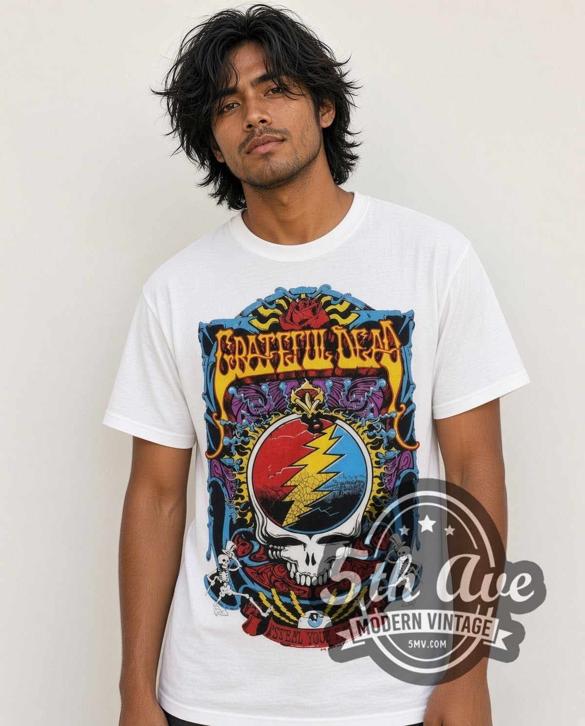 Model wearing the Grateful Dead Steal Your Face vintage band t-shirt in white
