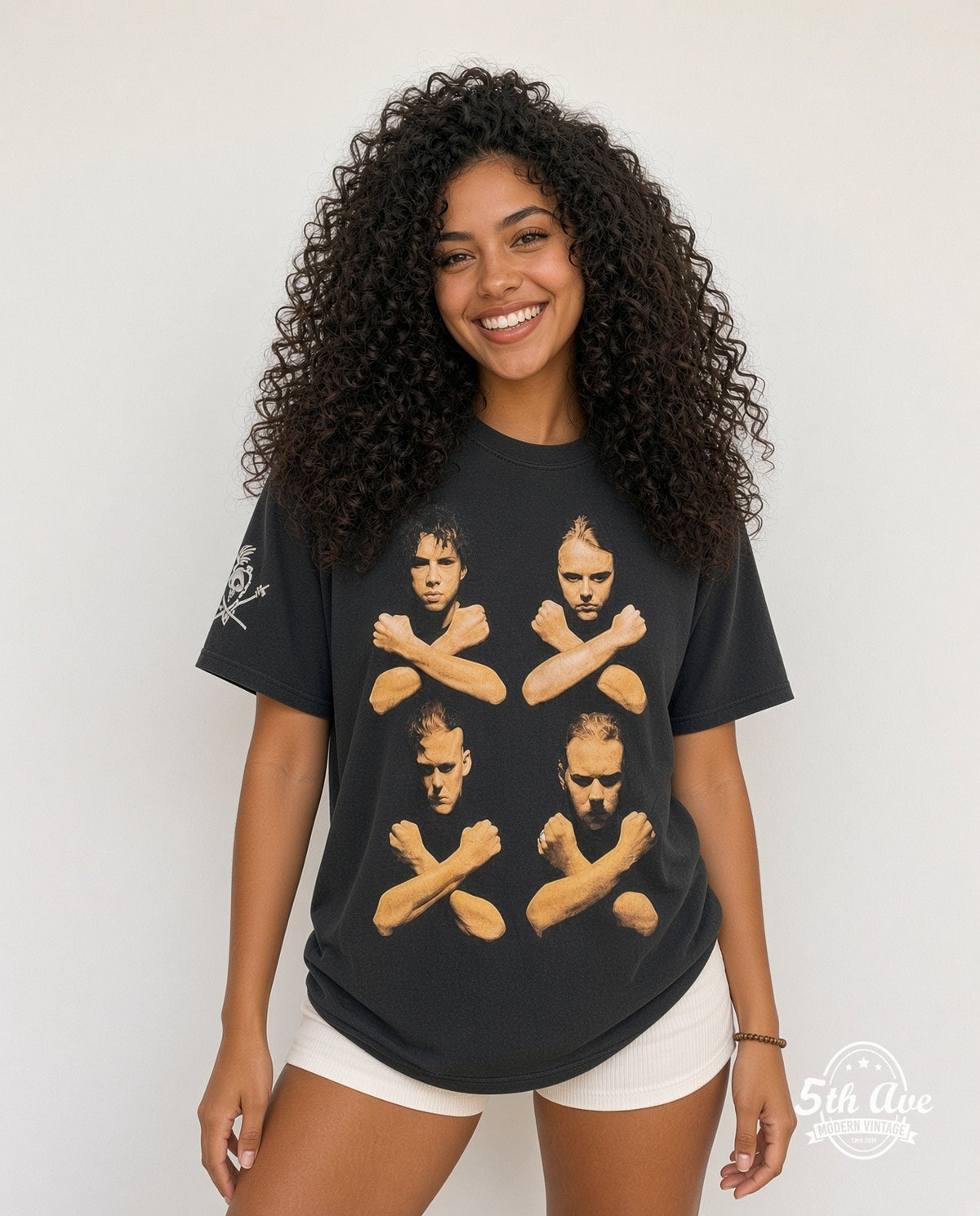 Model wearing the Metallica Birth School Four Members Crossed Arms vintage band t-shirt in black