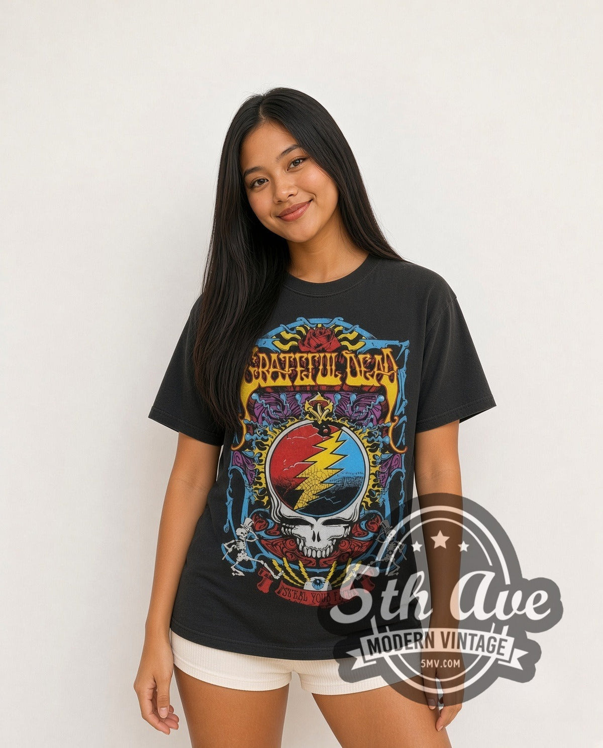 Model wearing the Grateful Dead Steal Your Face vintage band t-shirt in black