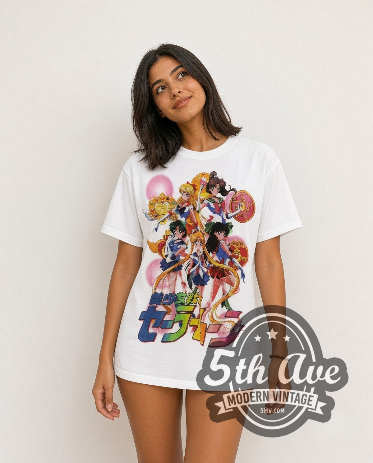 Model wearing the Sailor Moon Full Crew Tribute vintage anime t-shirt