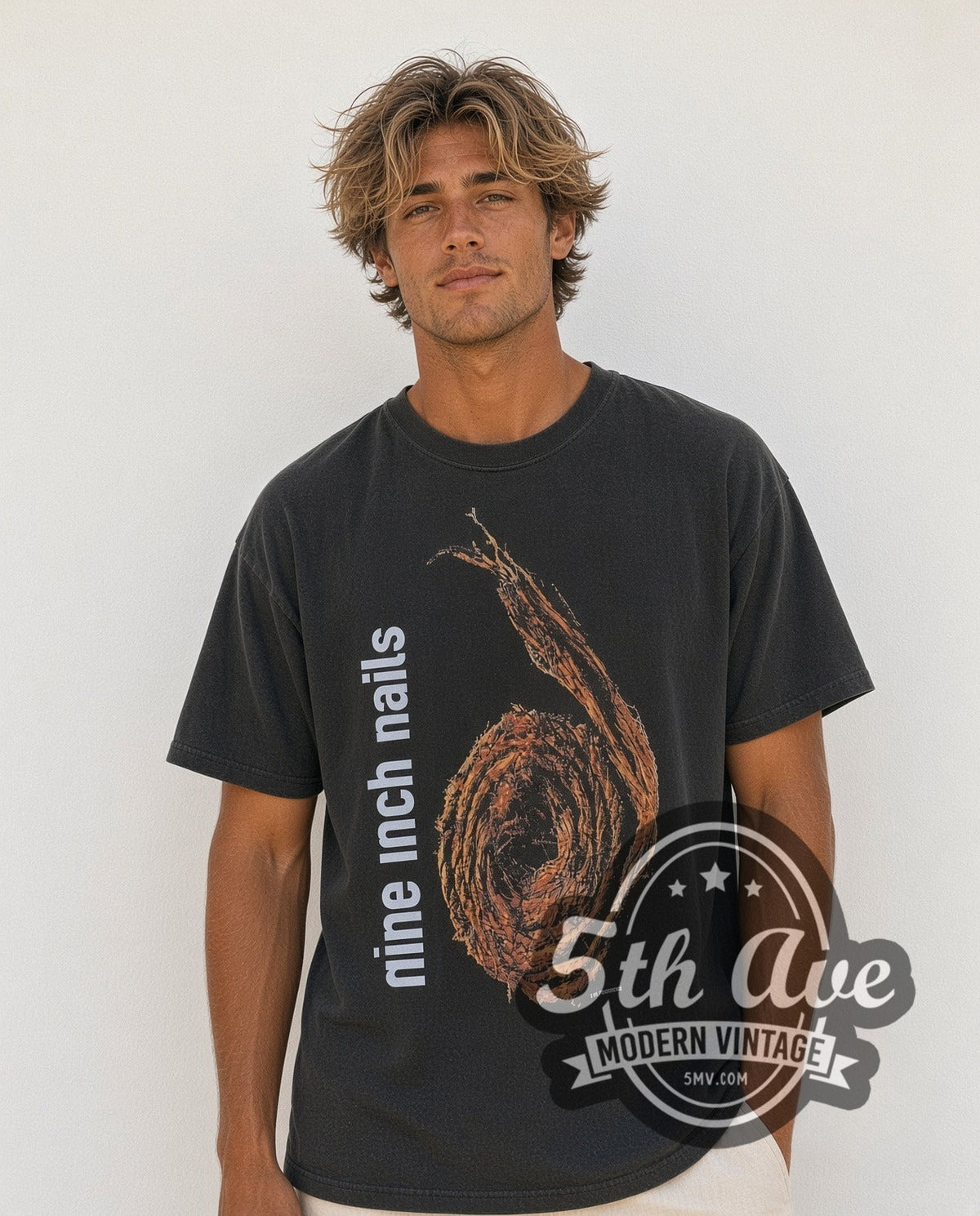 Model wearing the Nine Inch Nails Further Down the Spiral vintage band t-shirt