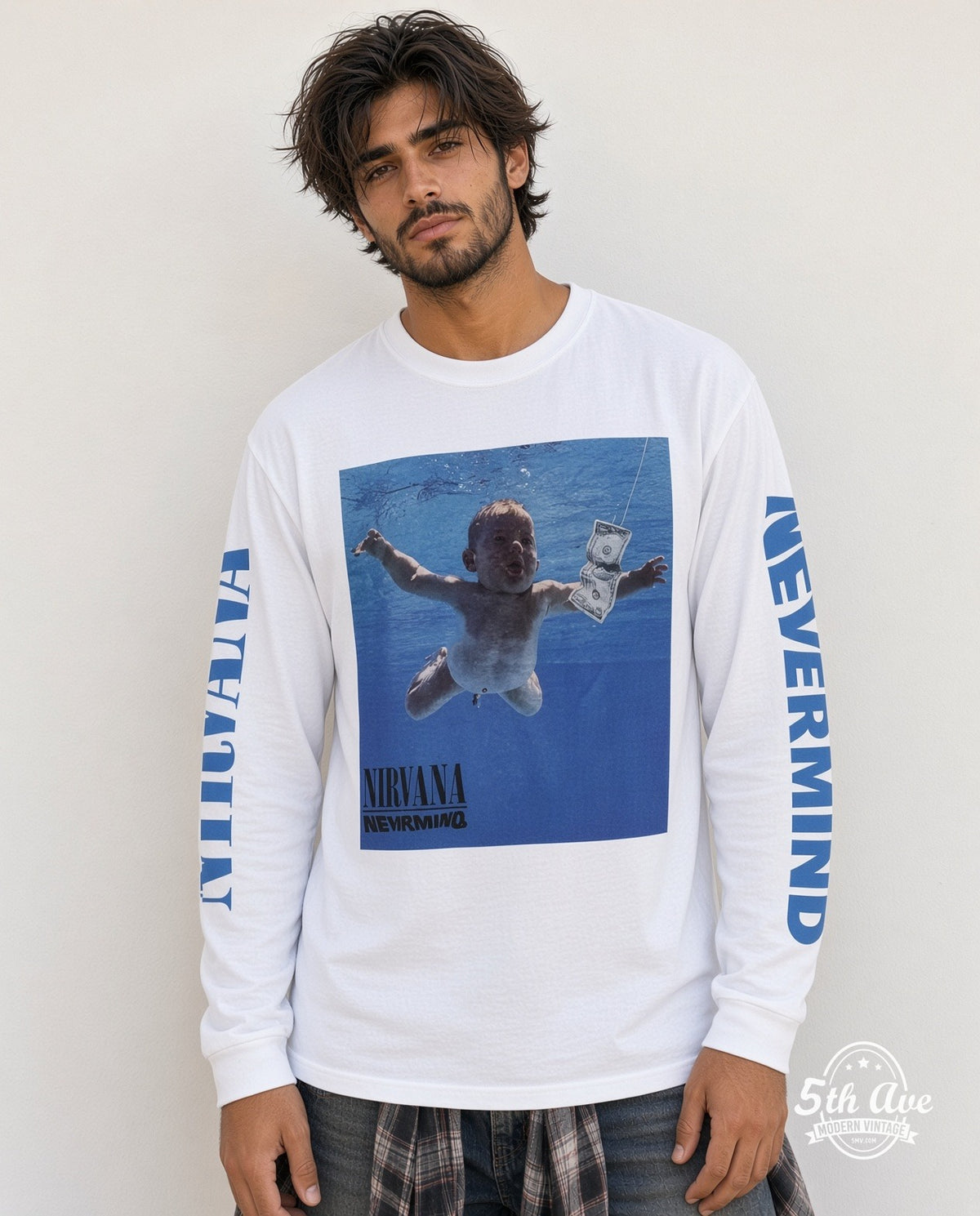Model wearing the Nirvana Nevermind Album Tracklist long sleeve vintage band t-shirt in white