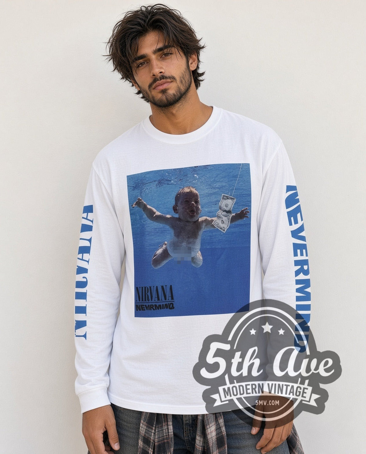 Model wearing the Nirvana Nevermind Album Tracklist long sleeve vintage band t-shirt in white