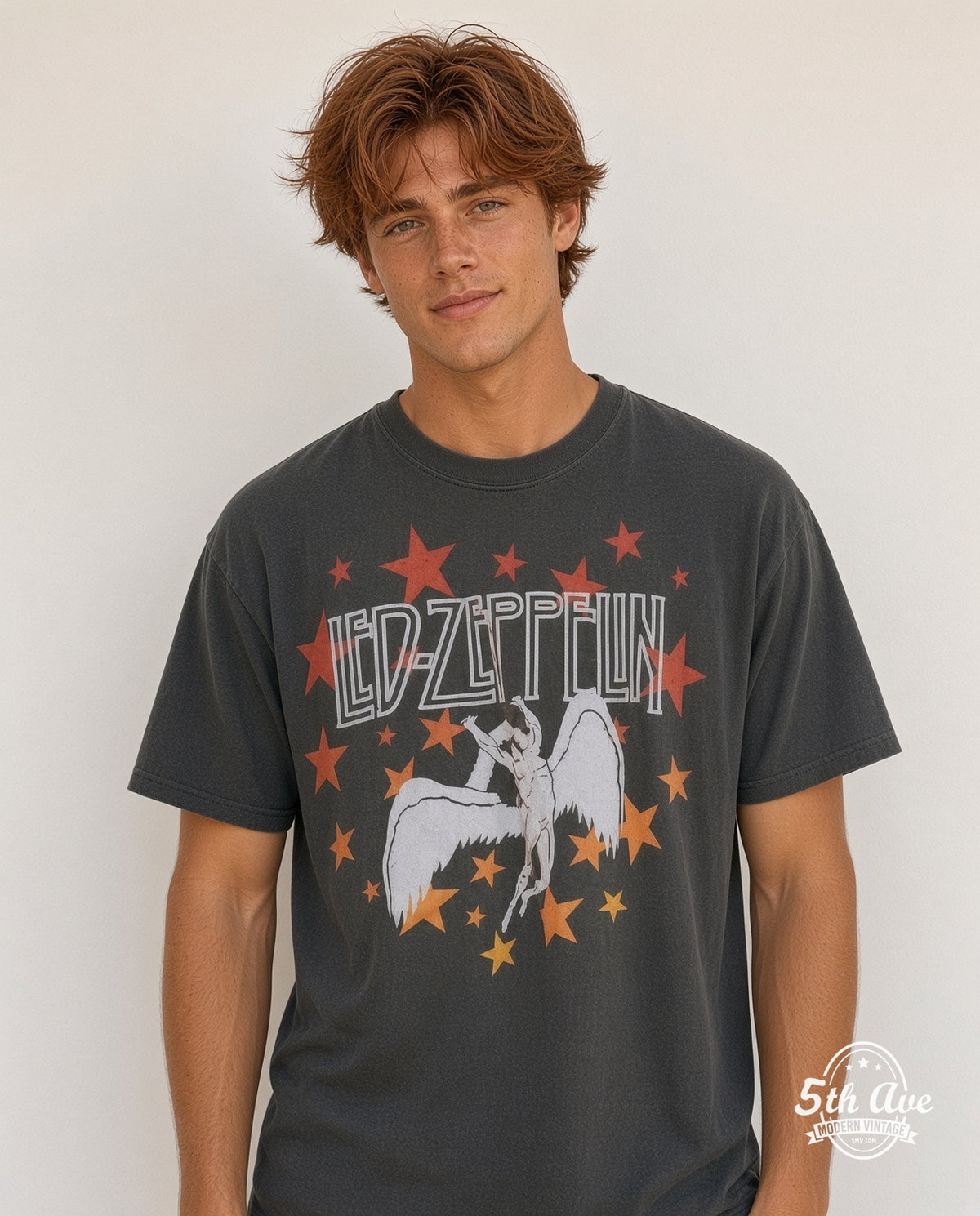 Model wearing the Led Zeppelin 1977 Tour vintage band t-shirt
