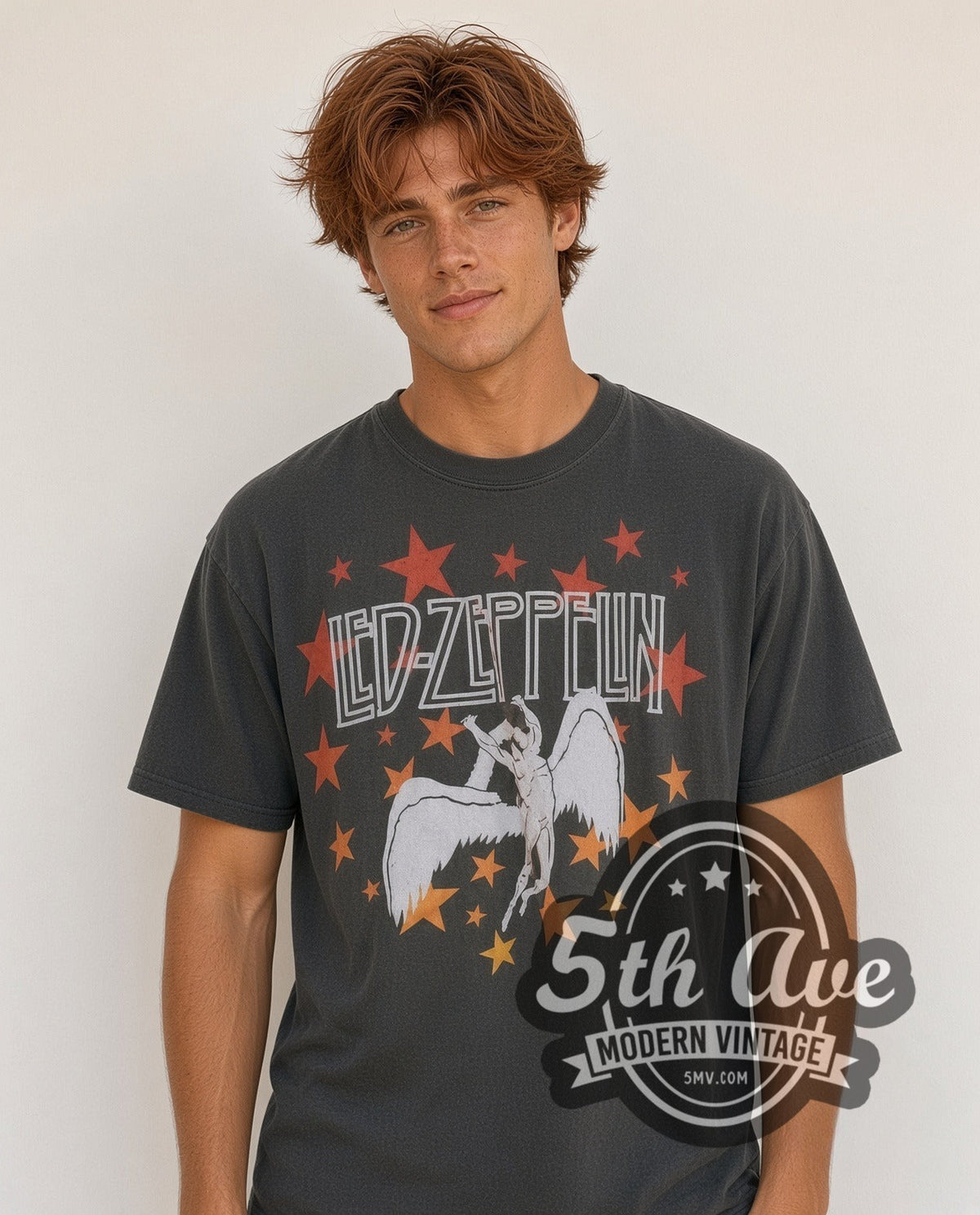 Model wearing the Led Zeppelin 1977 Tour vintage band t-shirt