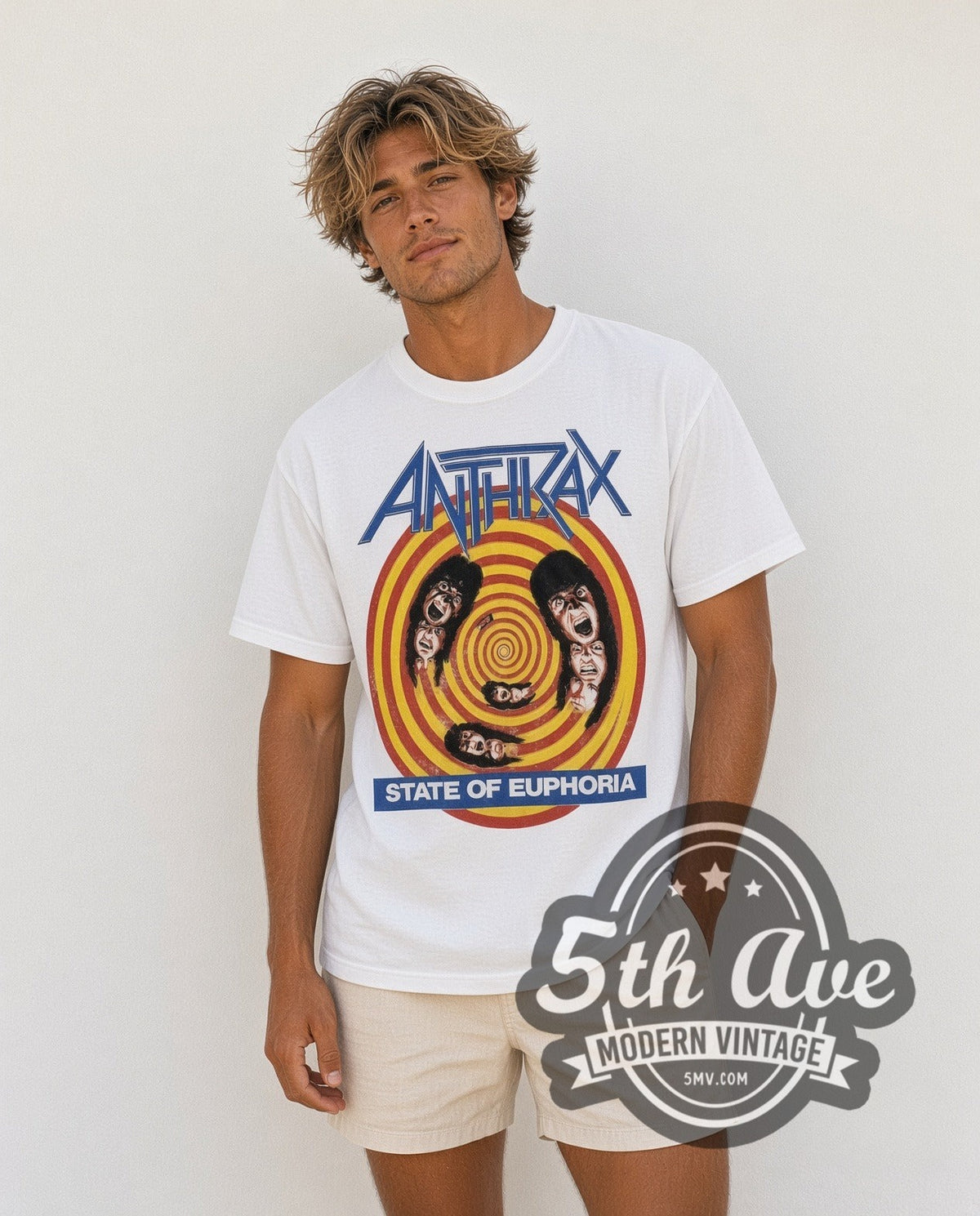 Model wearing the Anthrax State of Euphoria vintage band t-shirt in white