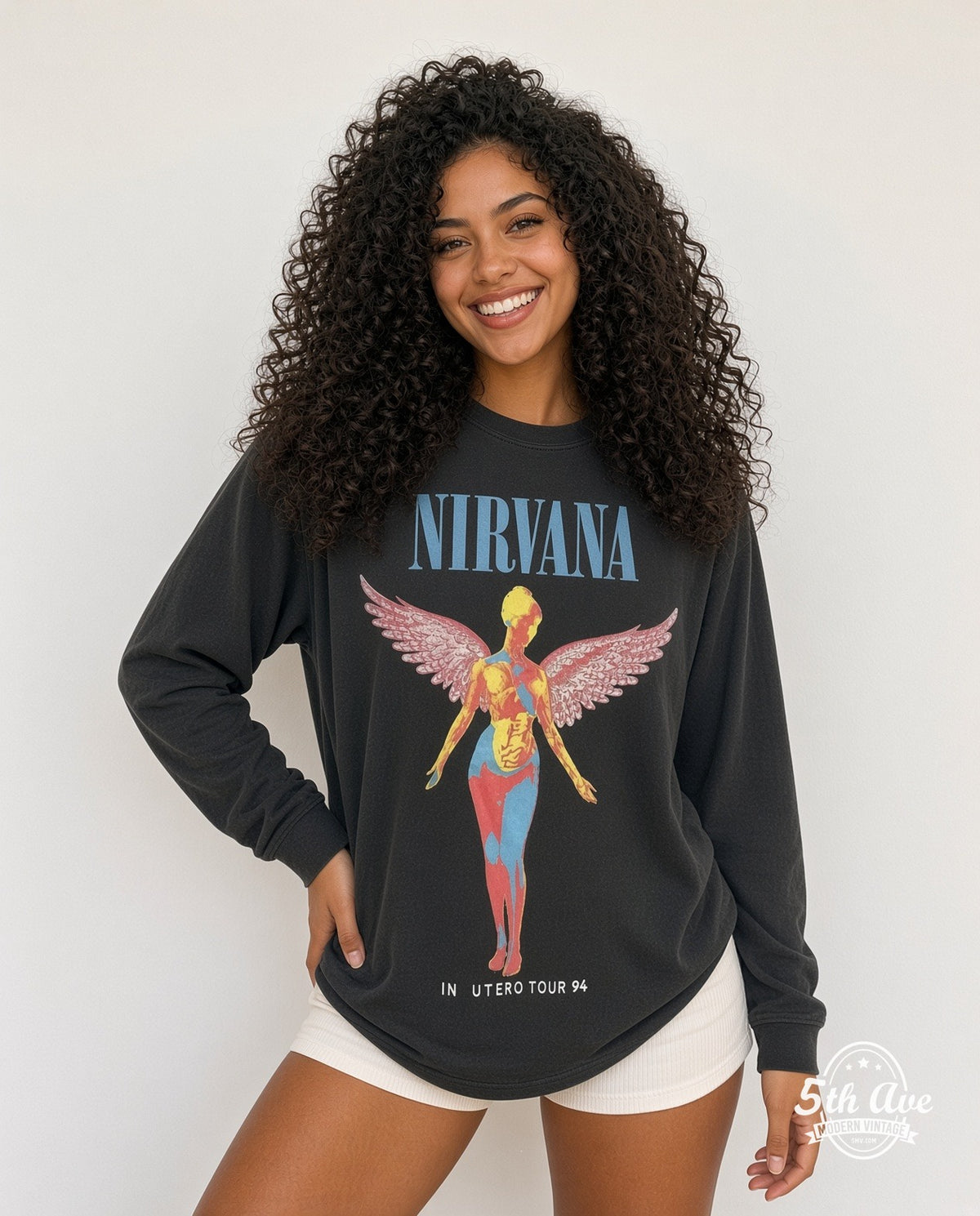Model wearing the Nirvana In Utero Tour 94 Angel Long Sleeve vintage band t-shirt
