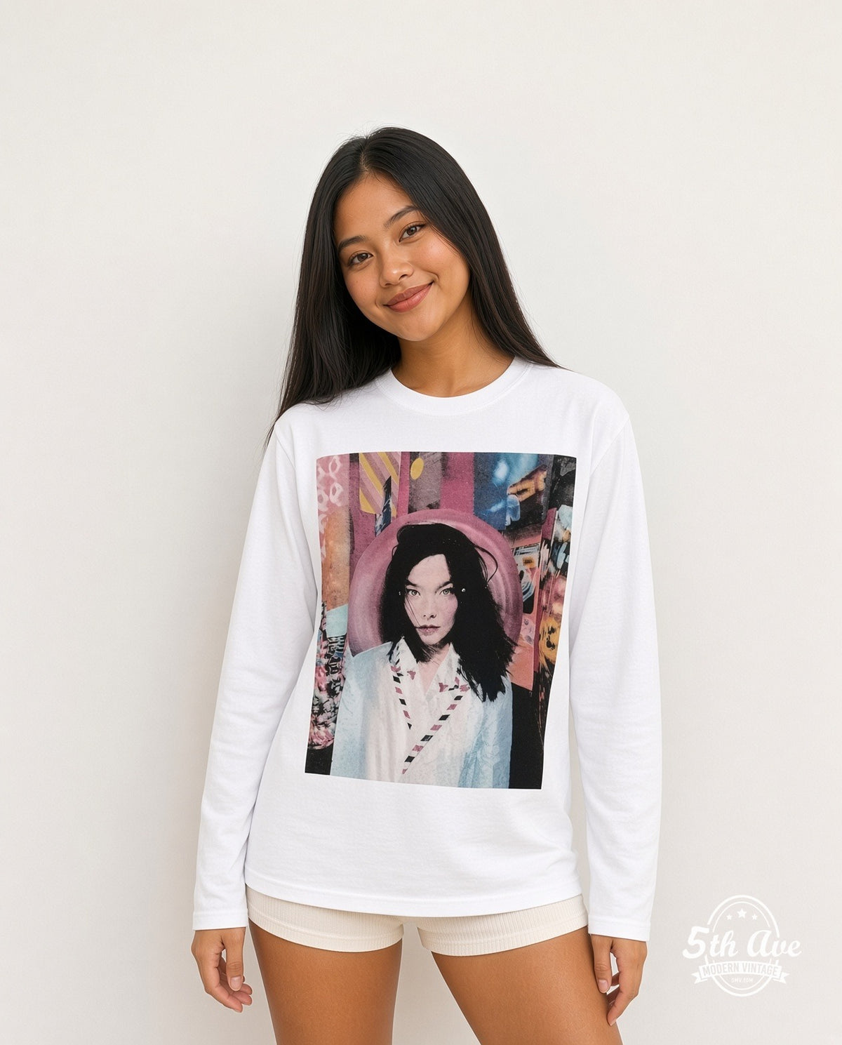 Model wearing the Björk Post Album vintage band long sleeve t-shirt