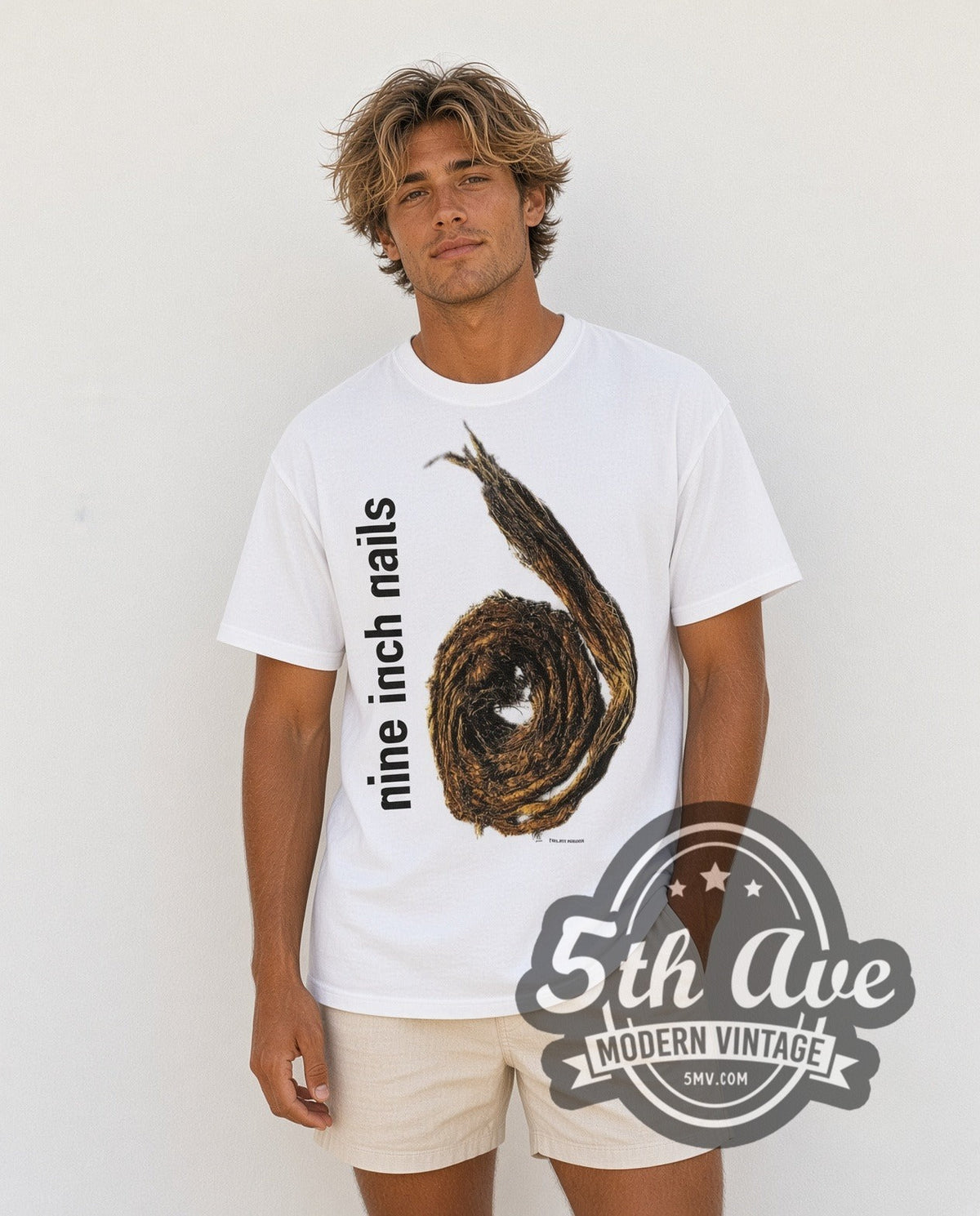 Model wearing the Nine Inch Nails Further Down the Spiral White Coiled Rope vintage band t-shirt in white