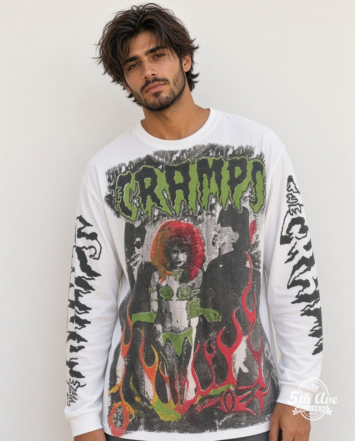 Model wearing The Cramps Rock Tribute vintage band t-shirt