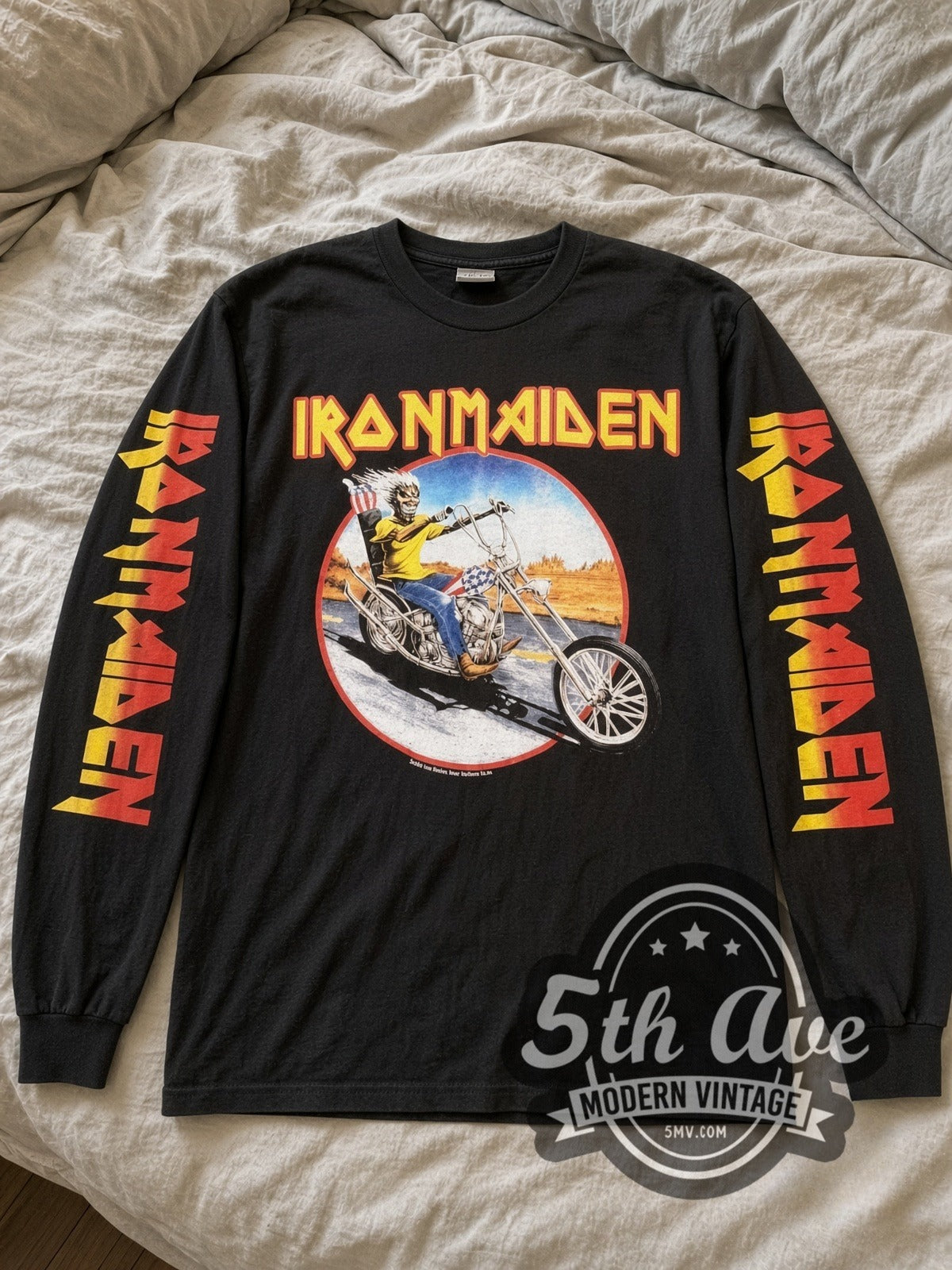 Iron Maiden Eddie Motorcycle vintage band long sleeve tee laid flat