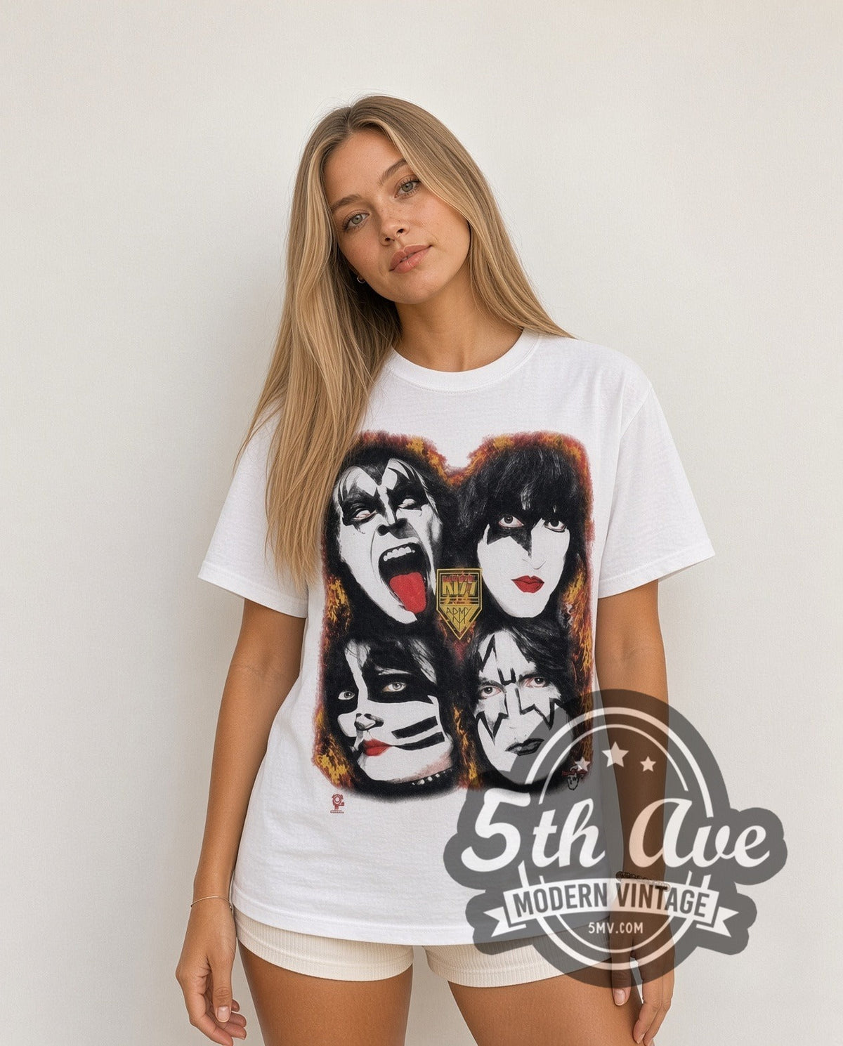 Model wearing the KISS Four Faces vintage band t-shirt in white