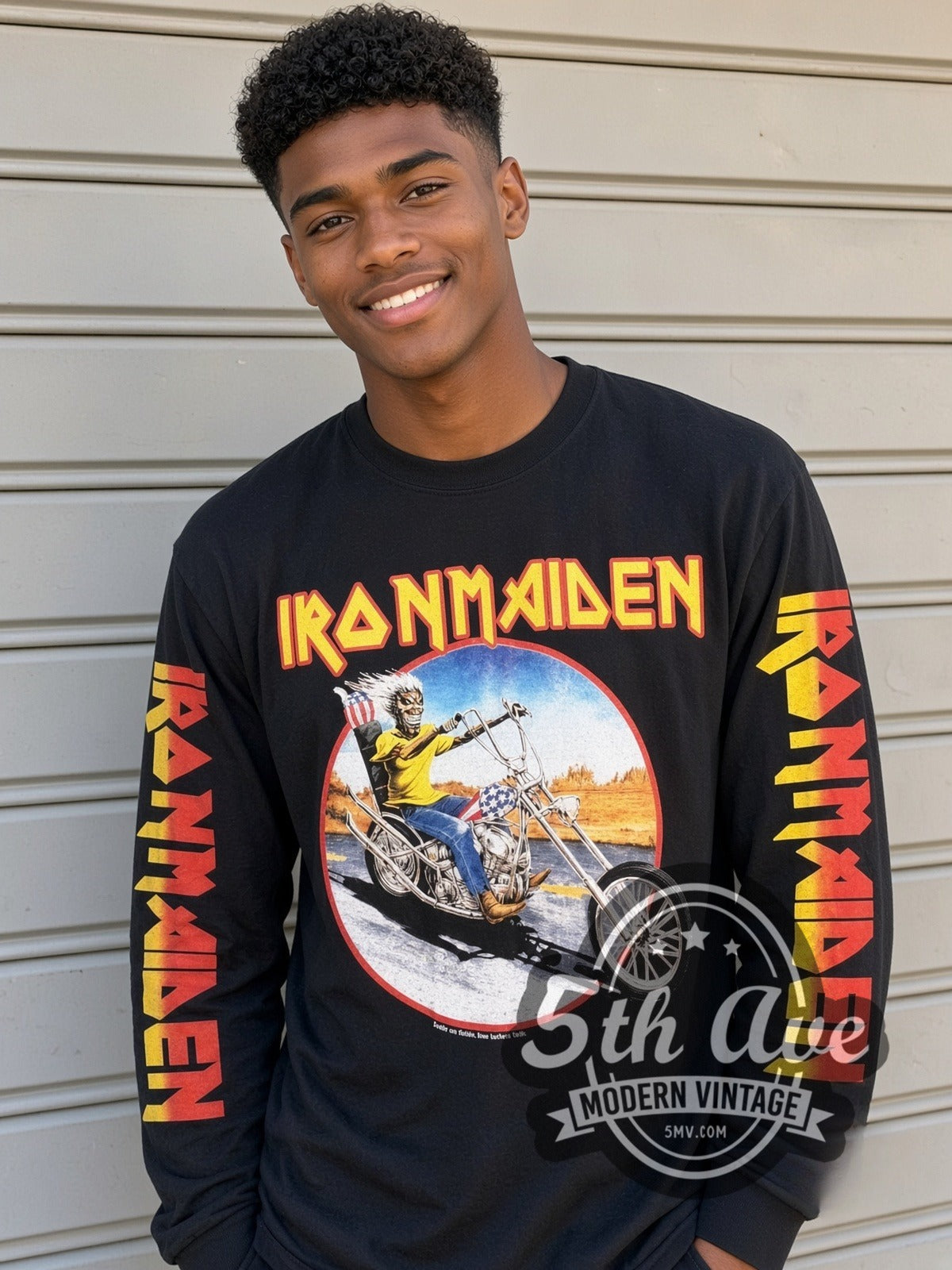 Model wearing the Iron Maiden Eddie Motorcycle vintage band long sleeve t-shirt