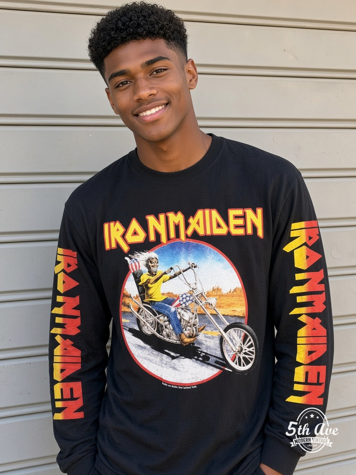 ETS LS 12 Iron Maiden Eddie Motorcycle long sleeve vintage tee worn by a model