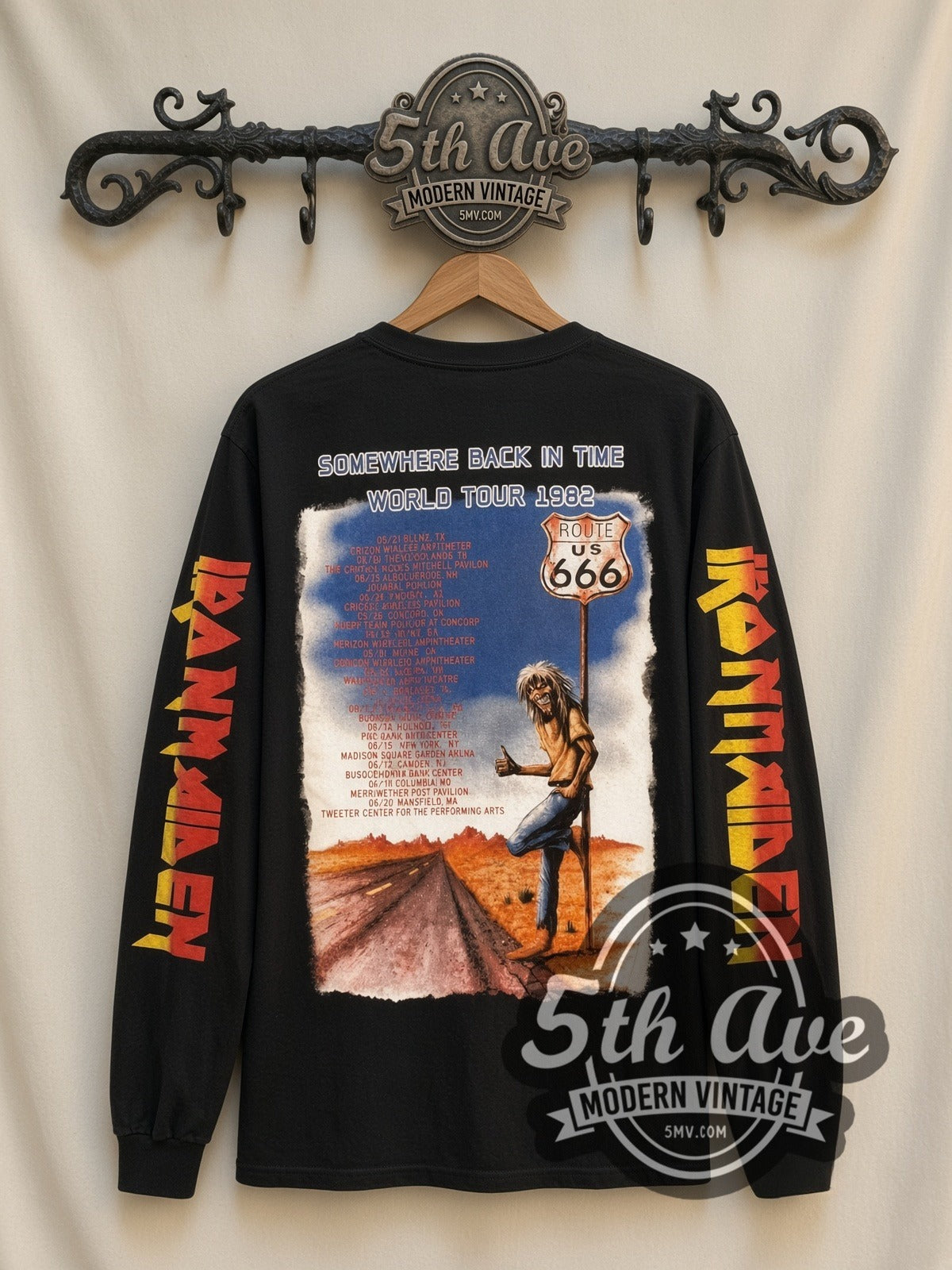 Iron Maiden Eddie Motorcycle vintage band long sleeve t-shirt, back view on a display rack