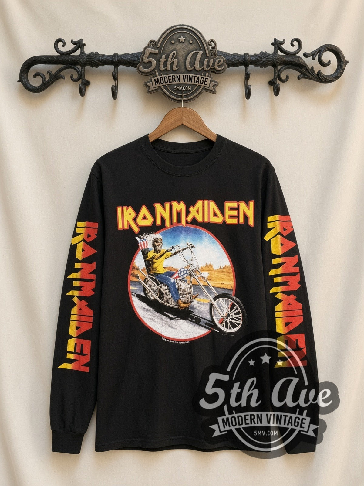 Iron Maiden Eddie Motorcycle vintage band long sleeve t-shirt, front view on a display rack