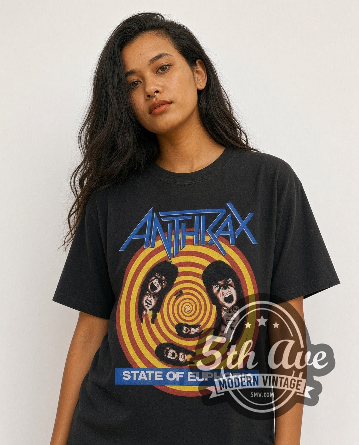 Model wearing the Anthrax State of Euphoria vintage band t-shirt in black