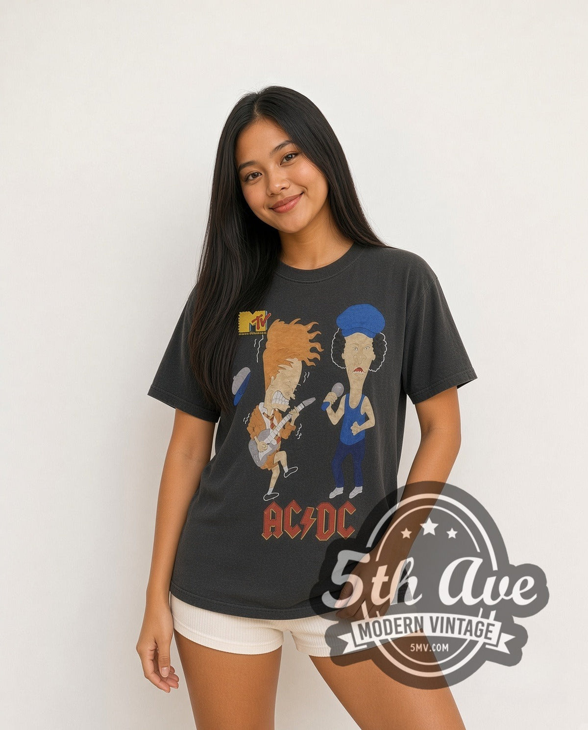 Model wearing the AC/DC MTV Beavis and Butthead Rock vintage band t-shirt
