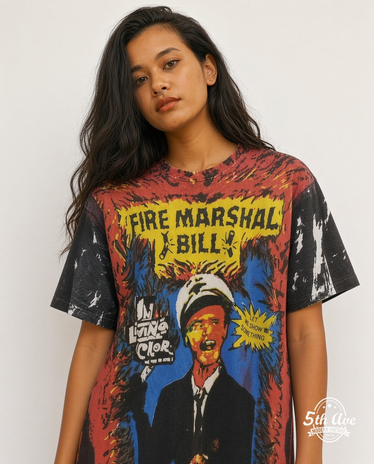 Model wearing the Fire Marshall Bill In Living Color all-over-print movie tee