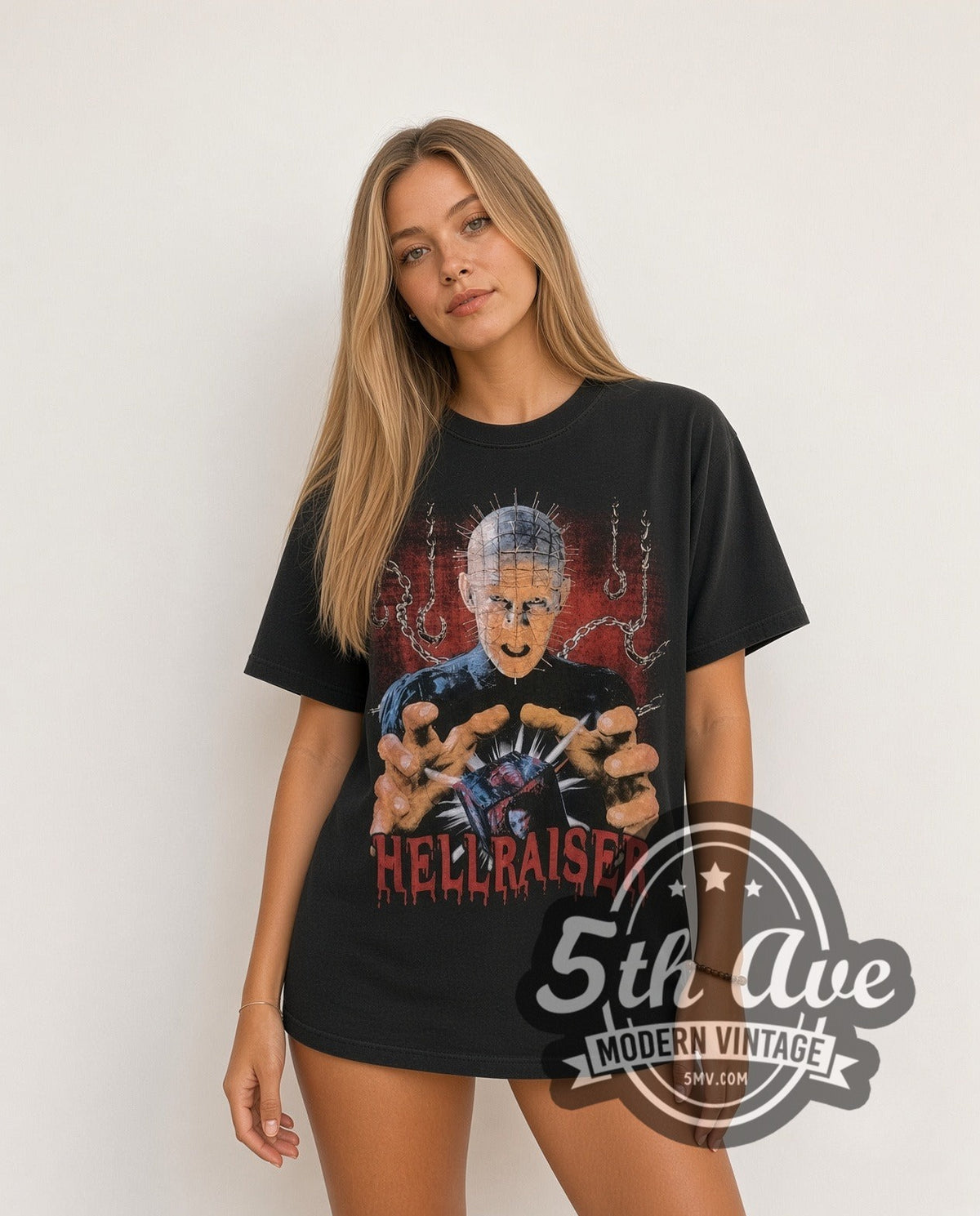 Model wearing the Hellraiser Puzzle Box vintage movie t-shirt