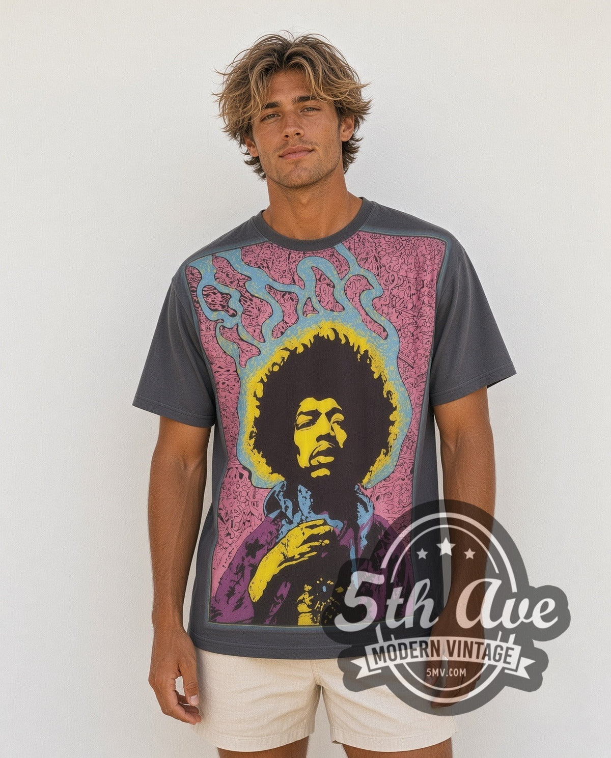 Model wearing the Jimi Hendrix Psychedelic Yellow Portrait Pink Frame vintage band t-shirt