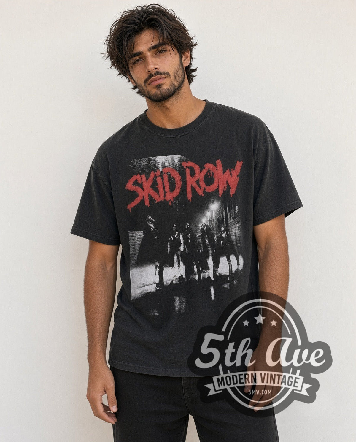 Model wearing the Skid Row Red Logo vintage band t-shirt