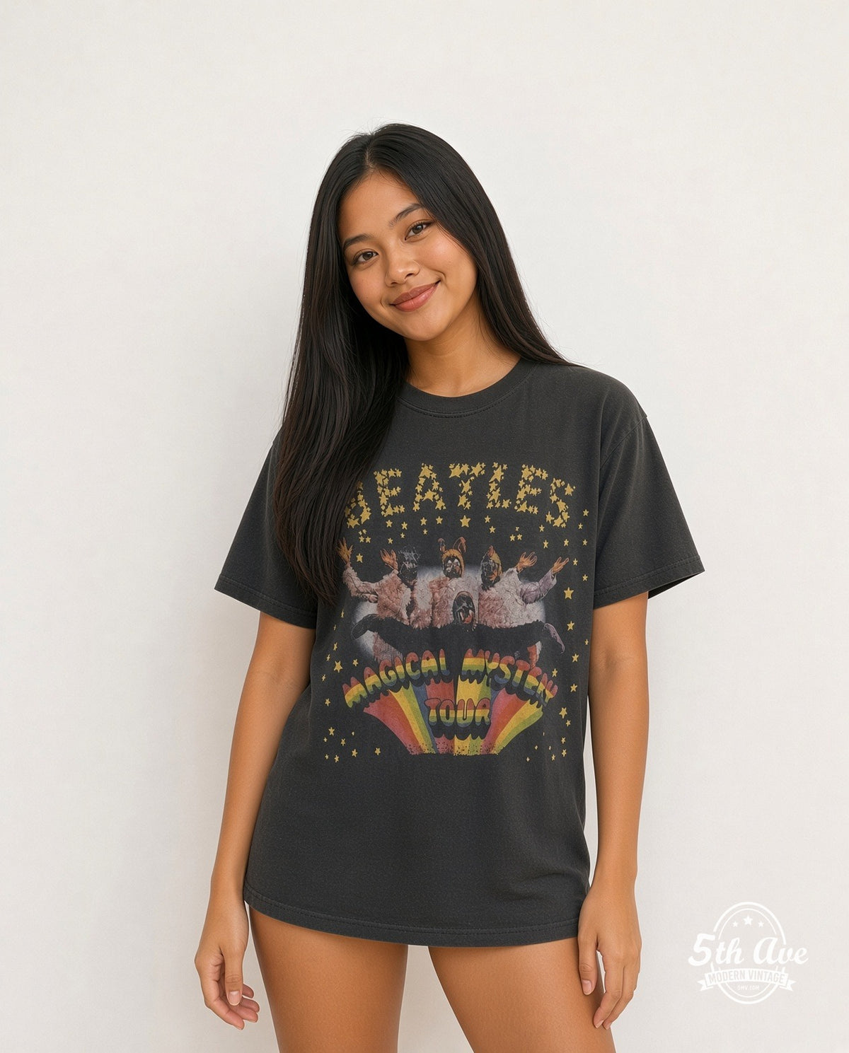 Model wearing The Beatles Magical Mystery Tour vintage band t-shirt