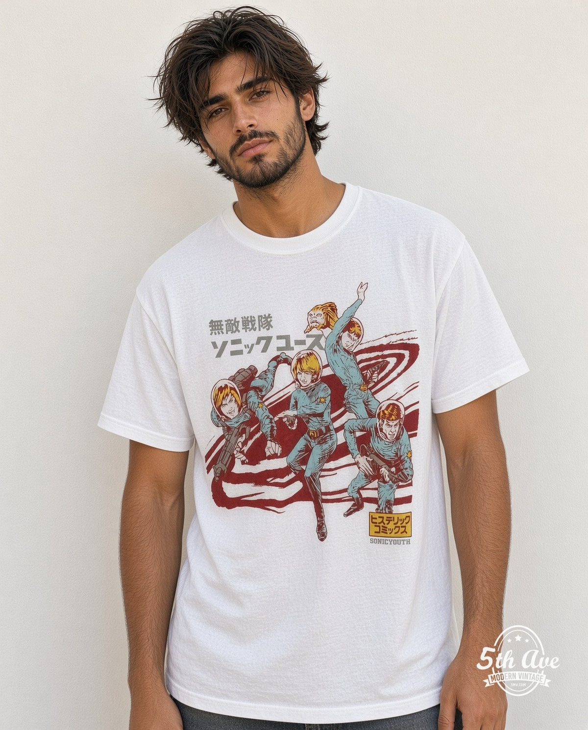 Model wearing the Sonic Youth Astronauts Japan Tour vintage band t-shirt in white