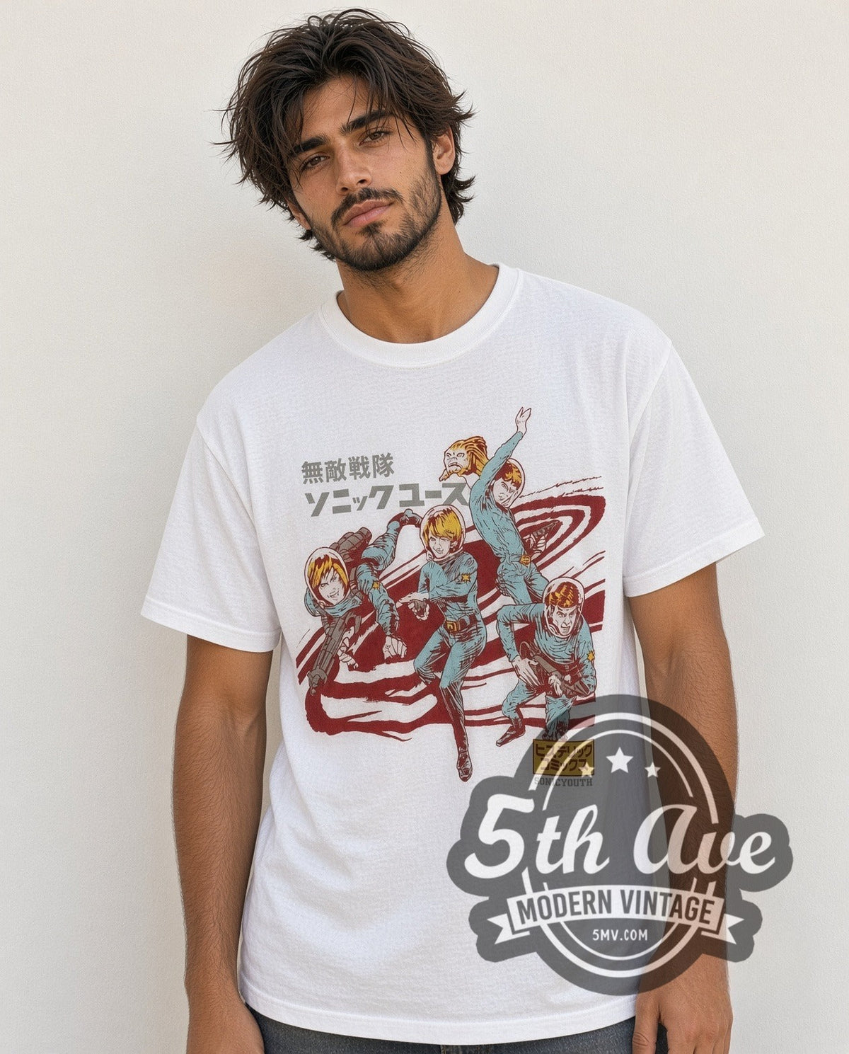 Model wearing the Sonic Youth Astronauts Japan Tour vintage band t-shirt in white