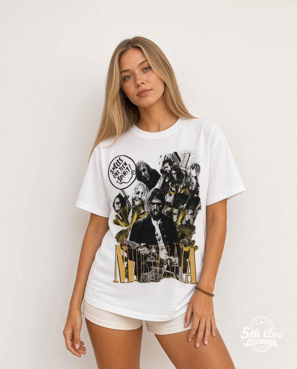 Model wearing the Nirvana Smells Like Teen Spirit Sunflower Collage vintage band t-shirt in white
