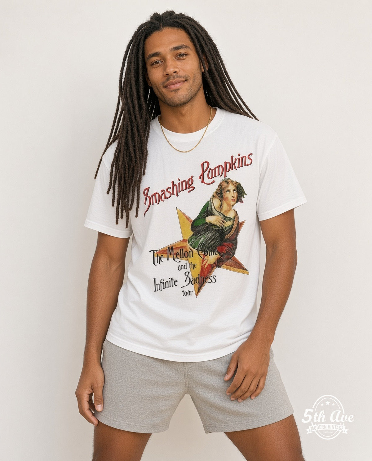Model wearing The Smashing Pumpkins Mellon Collie and the Infinite Sadness 1996 Tour vintage band t-shirt