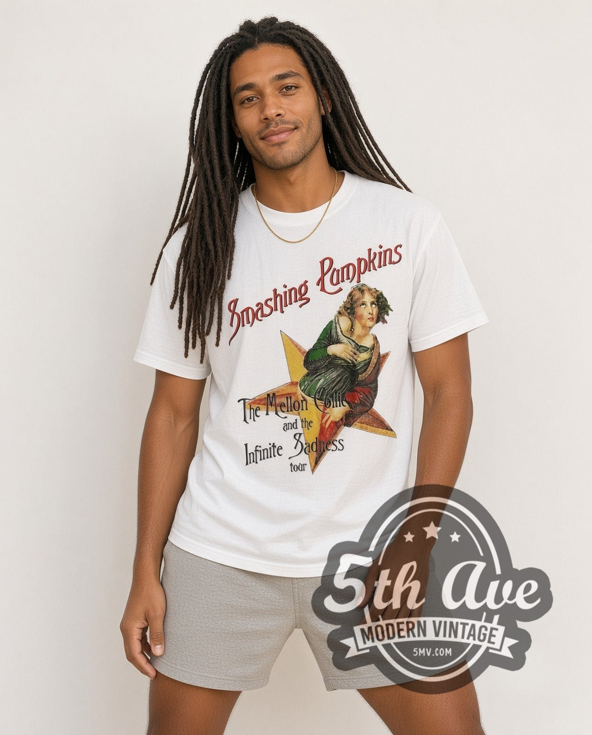 Model wearing The Smashing Pumpkins Mellon Collie and the Infinite Sadness 1996 Tour vintage band t-shirt