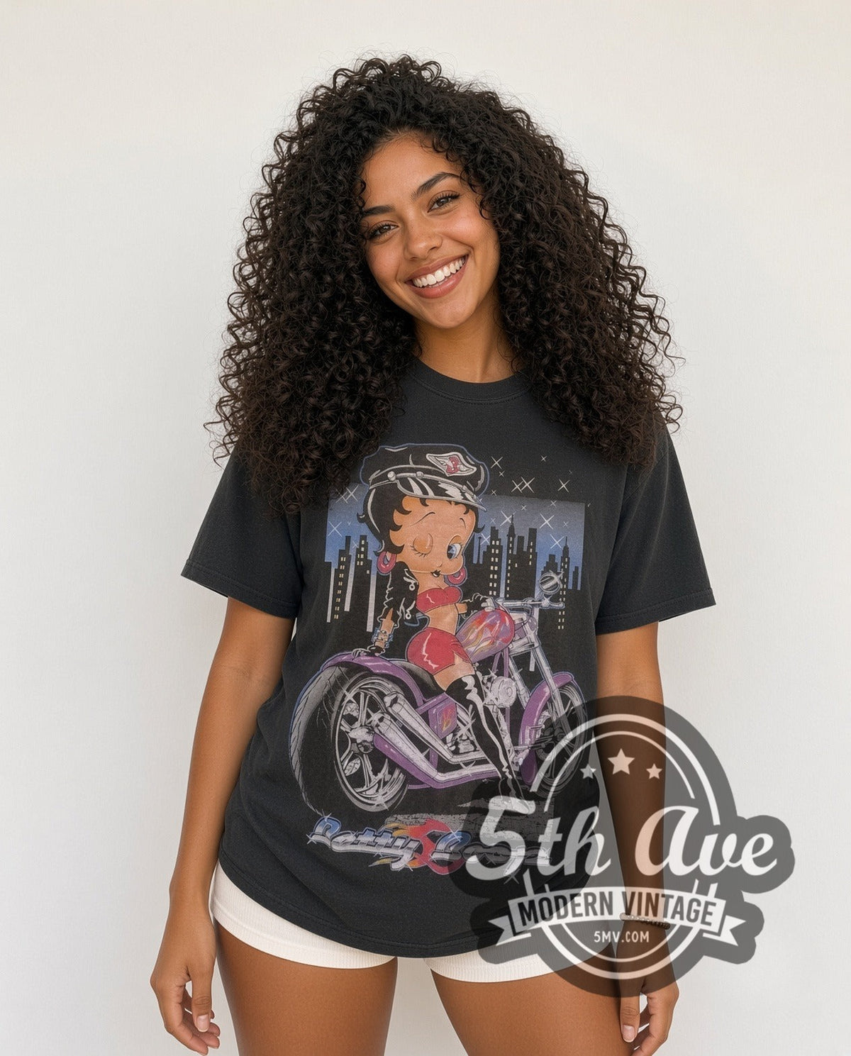 Model wearing the Betty Boop Going My Way? single stitch. graphic tee