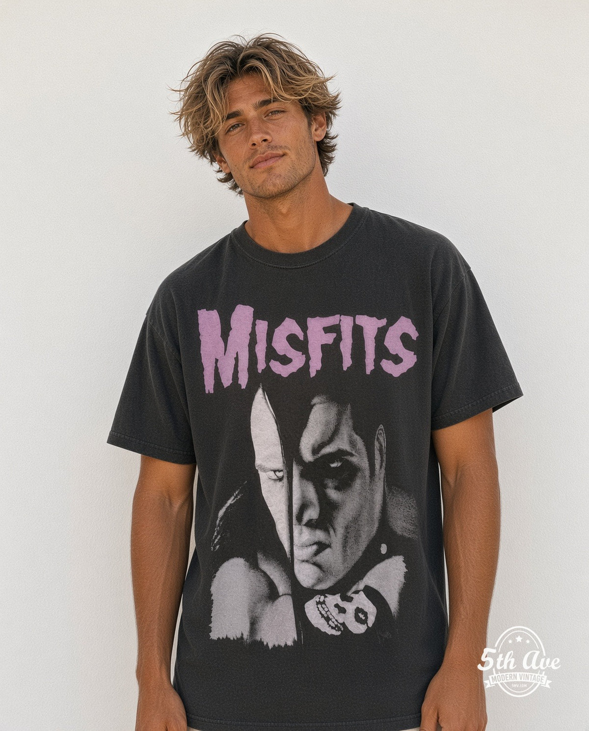 Model wearing the Misfits Split Face Portrait vintage band t-shirt