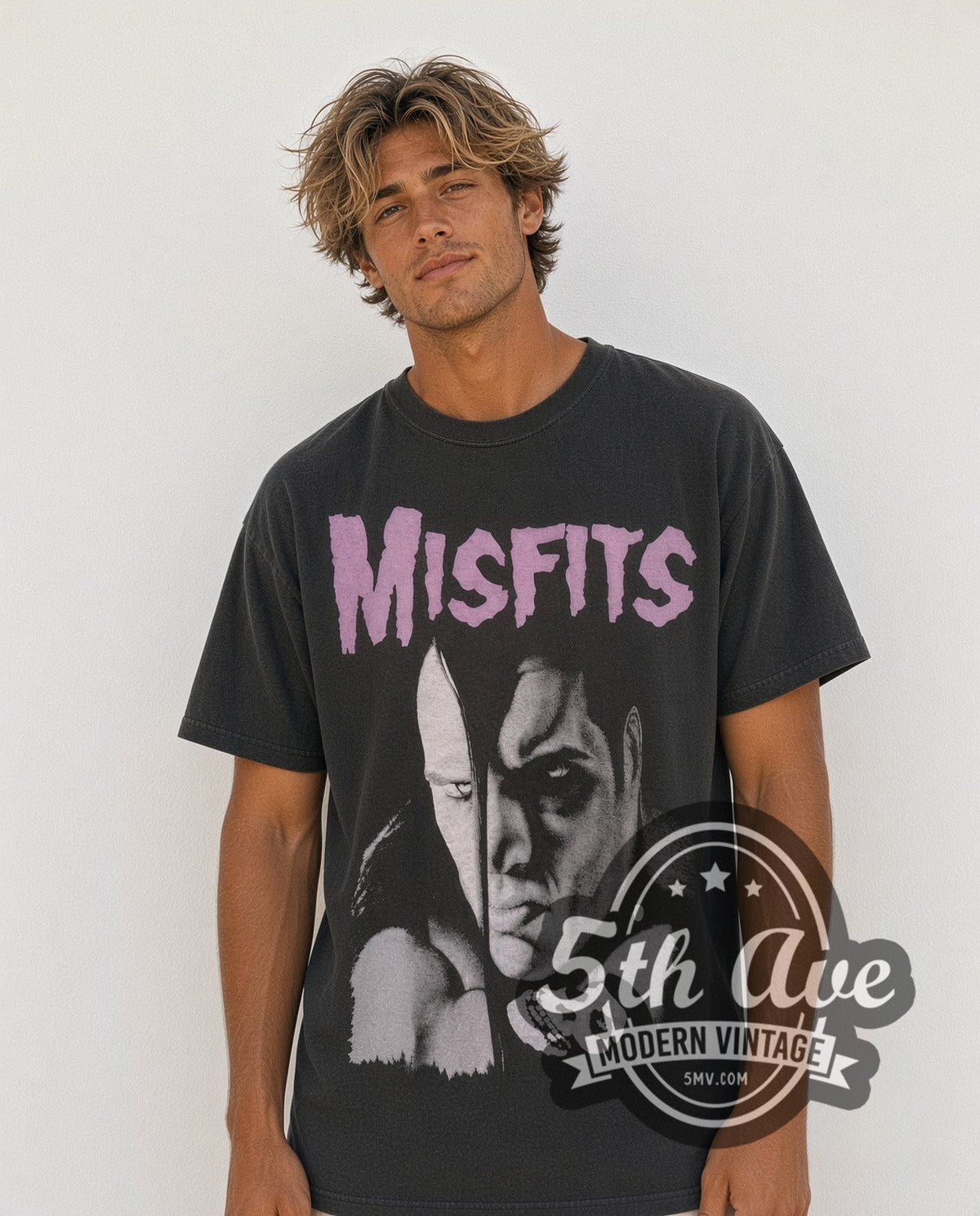 Model wearing the Misfits Split Face Portrait vintage band t-shirt