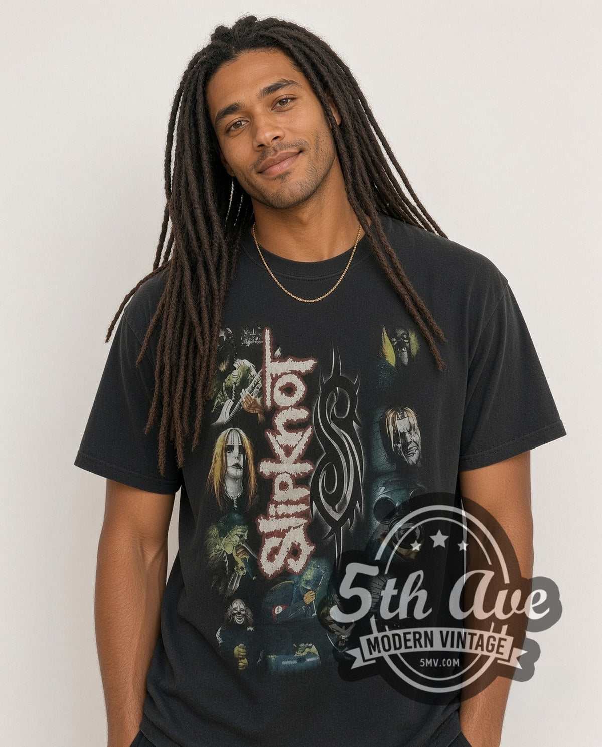 Model wearing the Slipknot Vertical Logo Tribal S Mask Collage vintage band t-shirt