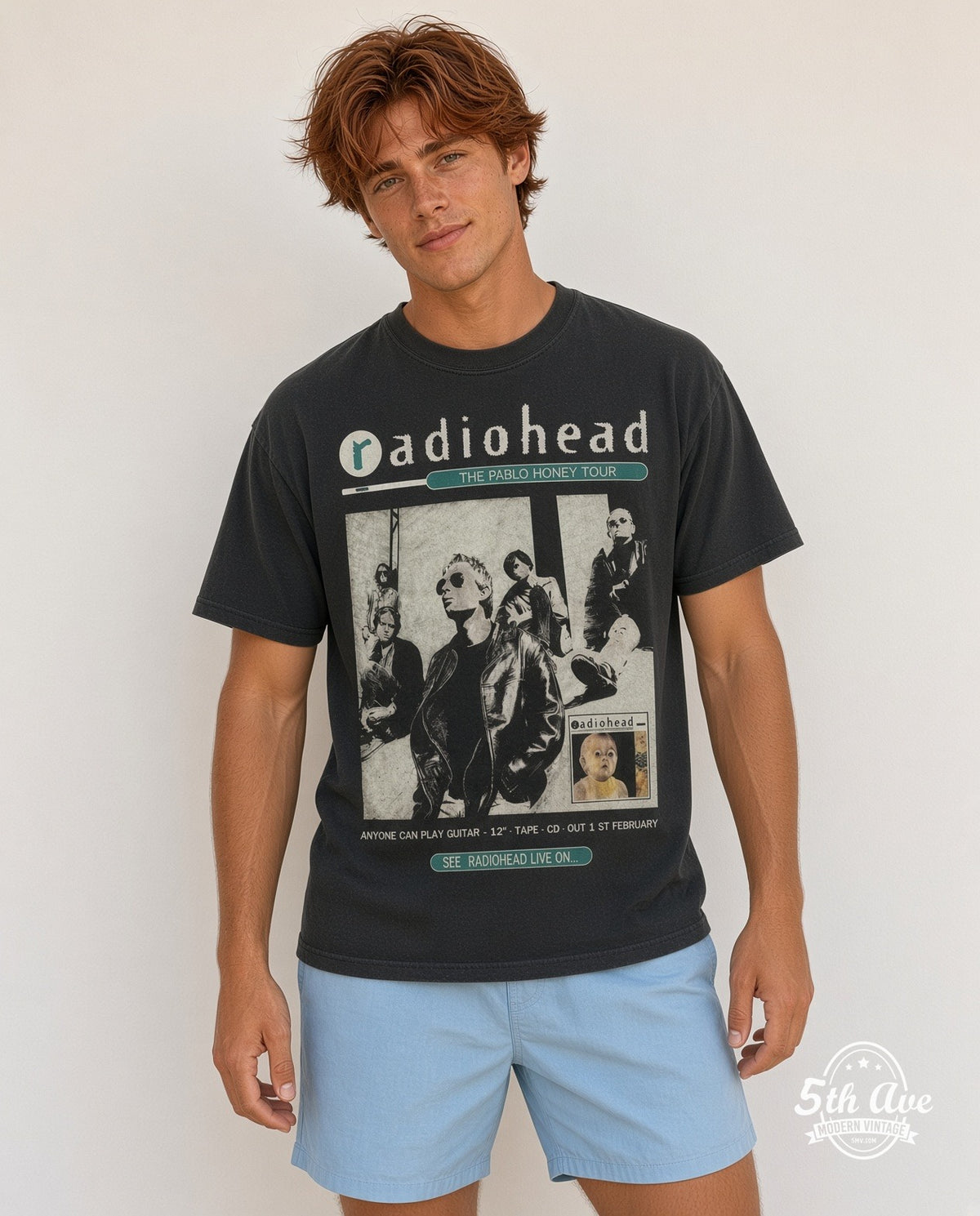 Model wearing Radiohead Pablo Honey Tour Black vintage band tee