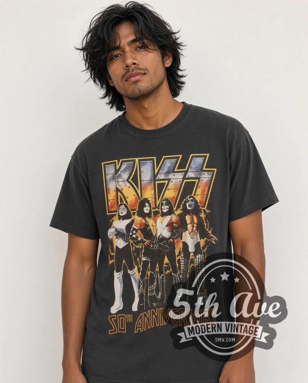 Model wearing the KISS 50th Anniversary vintage band t-shirt