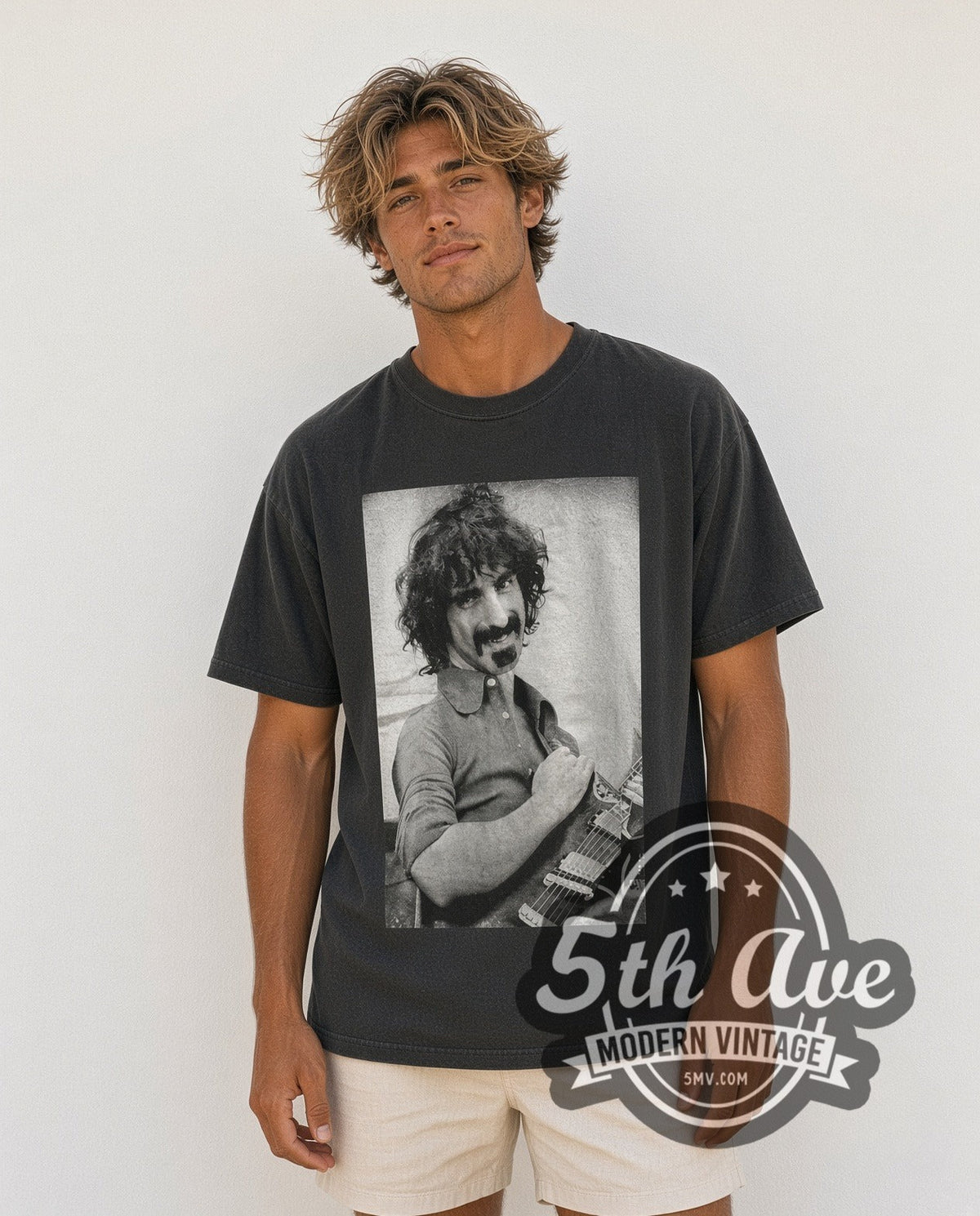 Model wearing the Frank Zappa Playing Guitar B&W Photo vintage band t-shirt