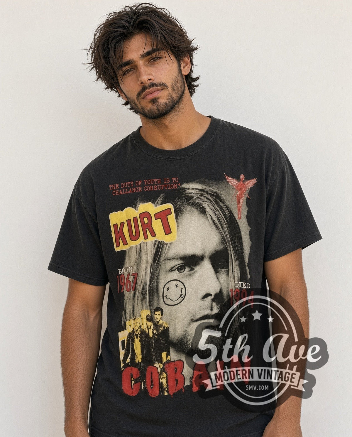 Model wearing the Kurt Cobain / Nirvana Graphic vintage band t-shirt