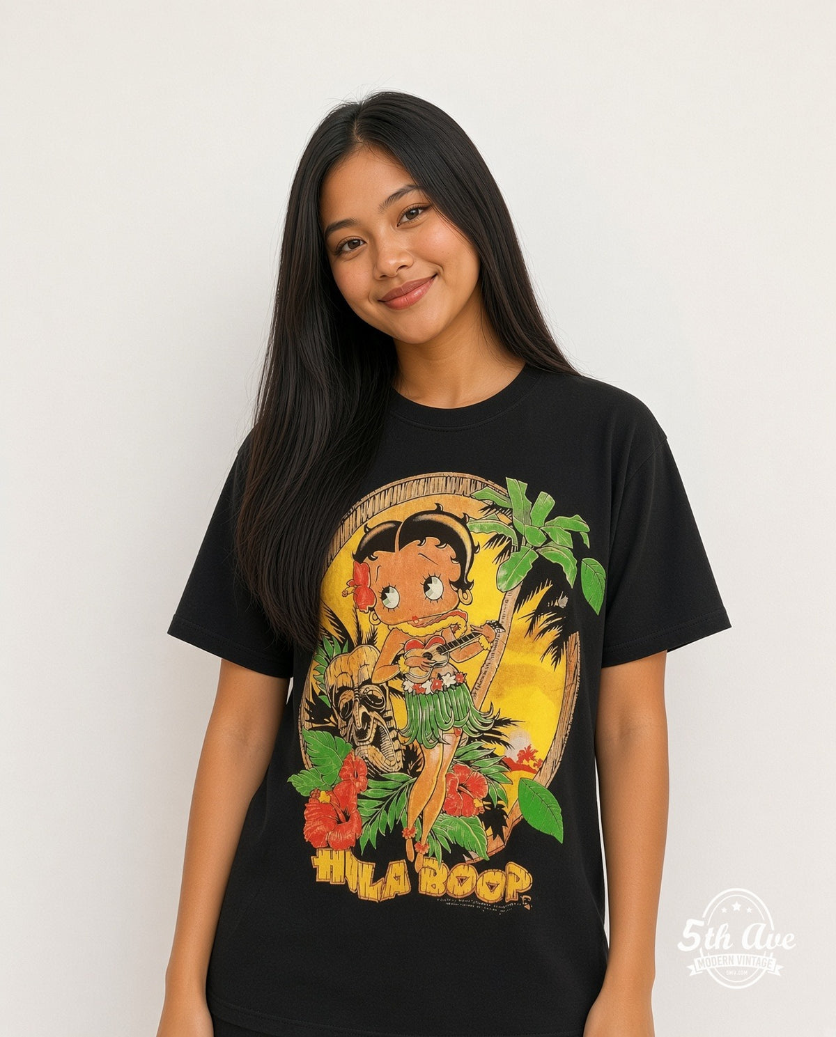 Model wearing the Betty Boop Hula Boop Single Stitch graphic tee